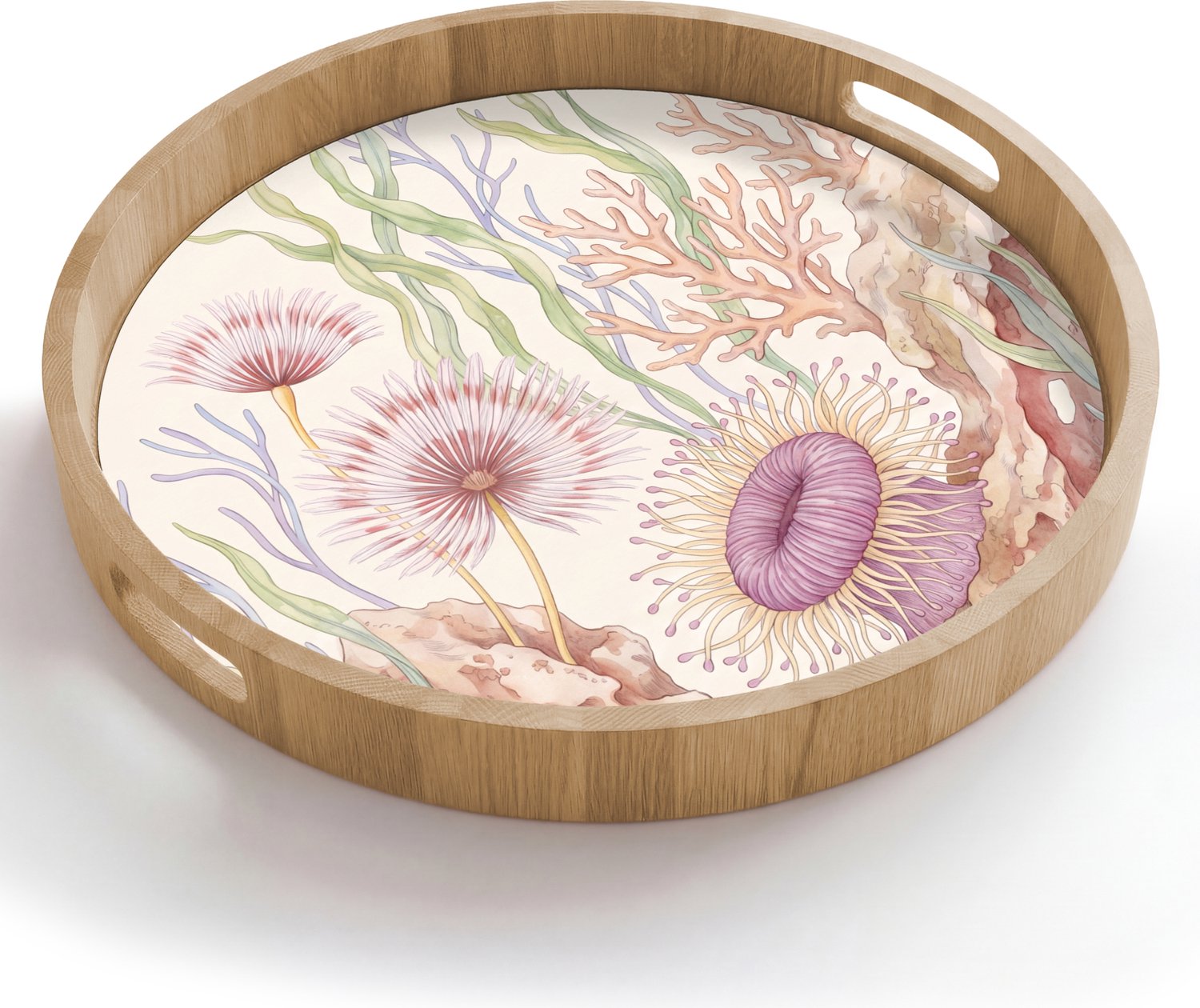 Dienblad rond 50x50 cm - Schootdienblad hout - Zeeleven - Koraal - Onderwater - Illustratie - Kleurrijk - Borrelplank rechthoek - Plateau houten dienbladen
