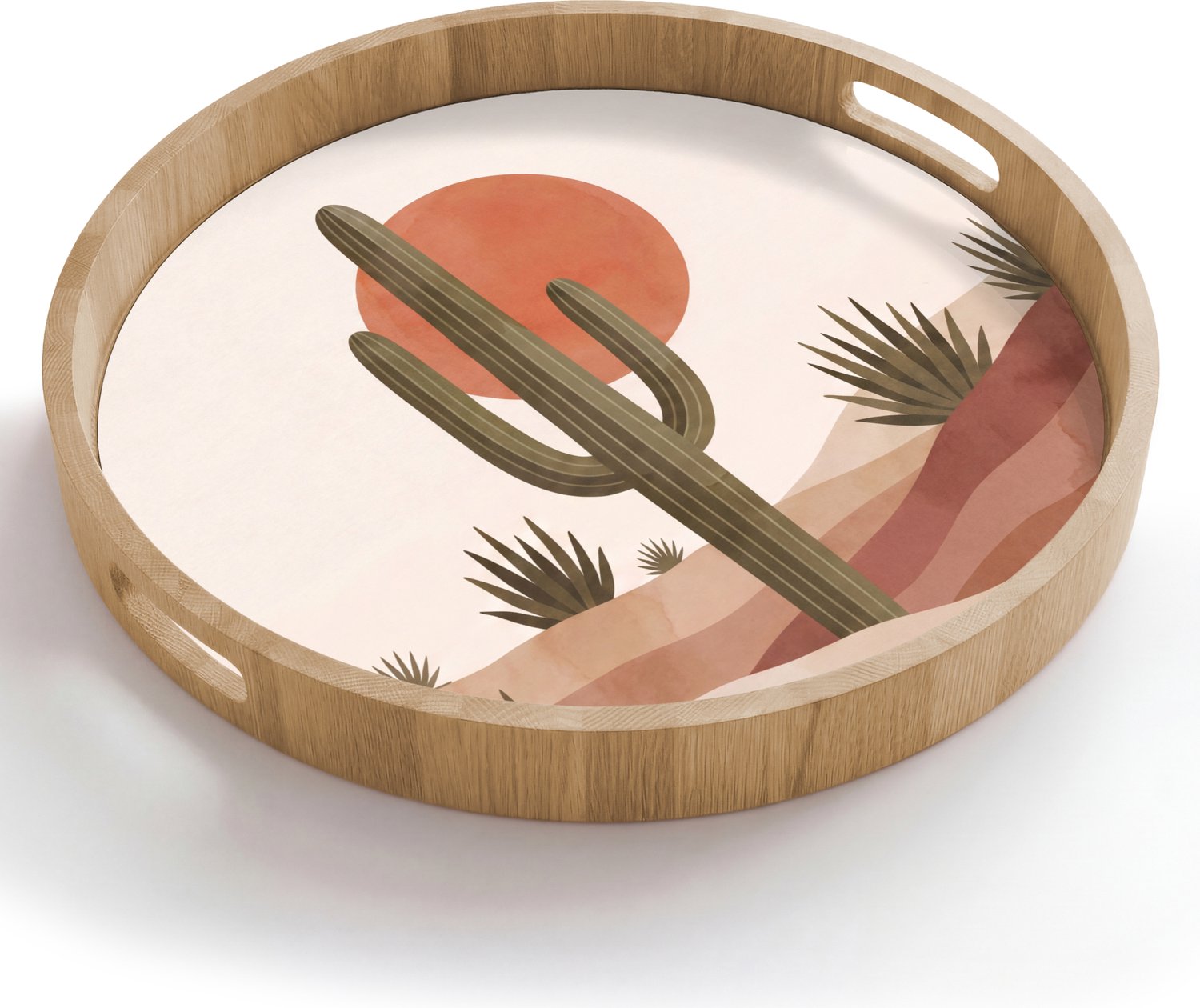 Dienblad rond 50x50 cm - Schootdienblad hout - Cactus - Duinen - Modern - Landschap - Groen - Borrelplank rechthoek - Plateau houten dienbladen
