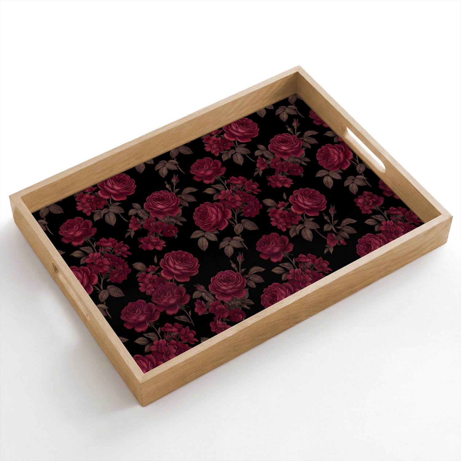 Dienblad hout 50x35 cm - Schootdienblad - Bloemen - Roos - Patroon - Klassiek - Rood - Borrelplank rechthoek - Plateau dienbladen