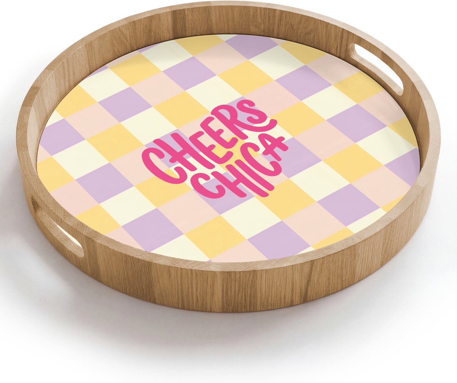 Dienblad rond 40x40 cm - Schootdienblad hout - Cheers Chica - Ruitjes - Lila - Geel - Borrelplank rechthoek - Plateau houten dienbladen
