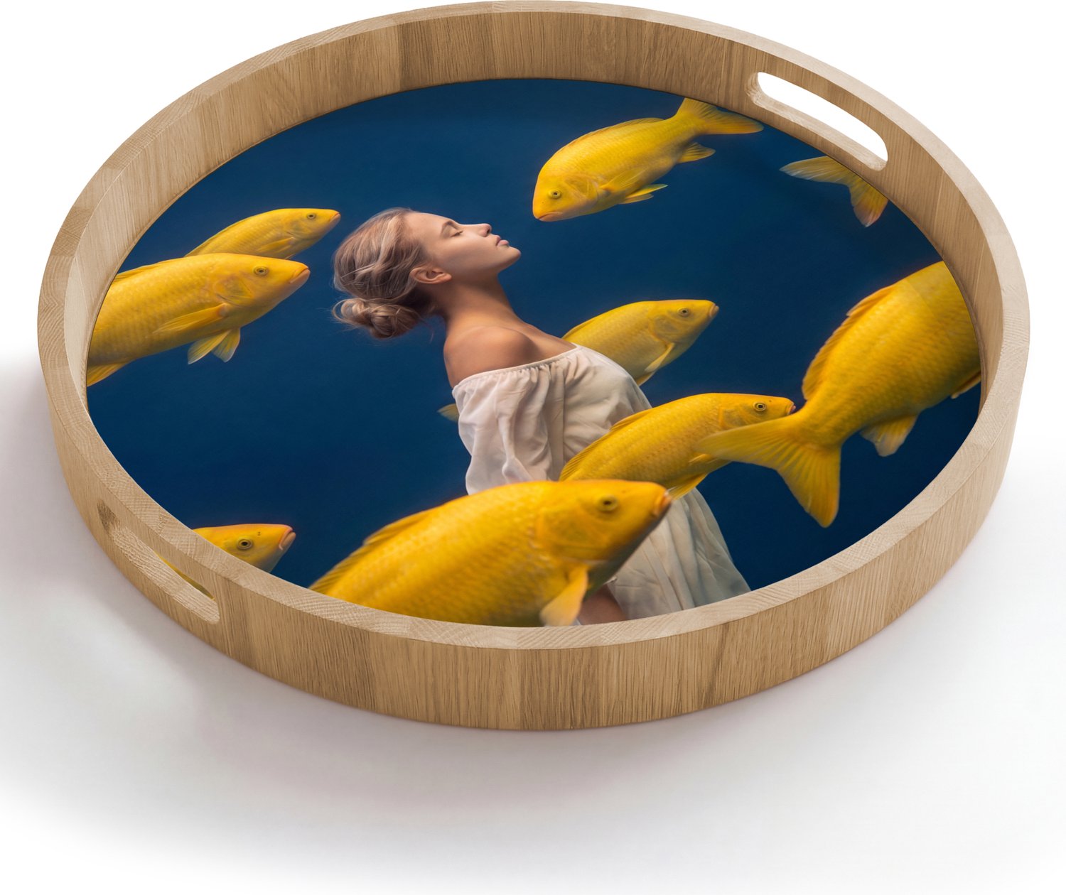 Dienblad rond 50x50 cm - Schootdienblad hout - Vrouw - Vis - Water - Natuur - Geel - Borrelplank rechthoek - Plateau houten dienbladen