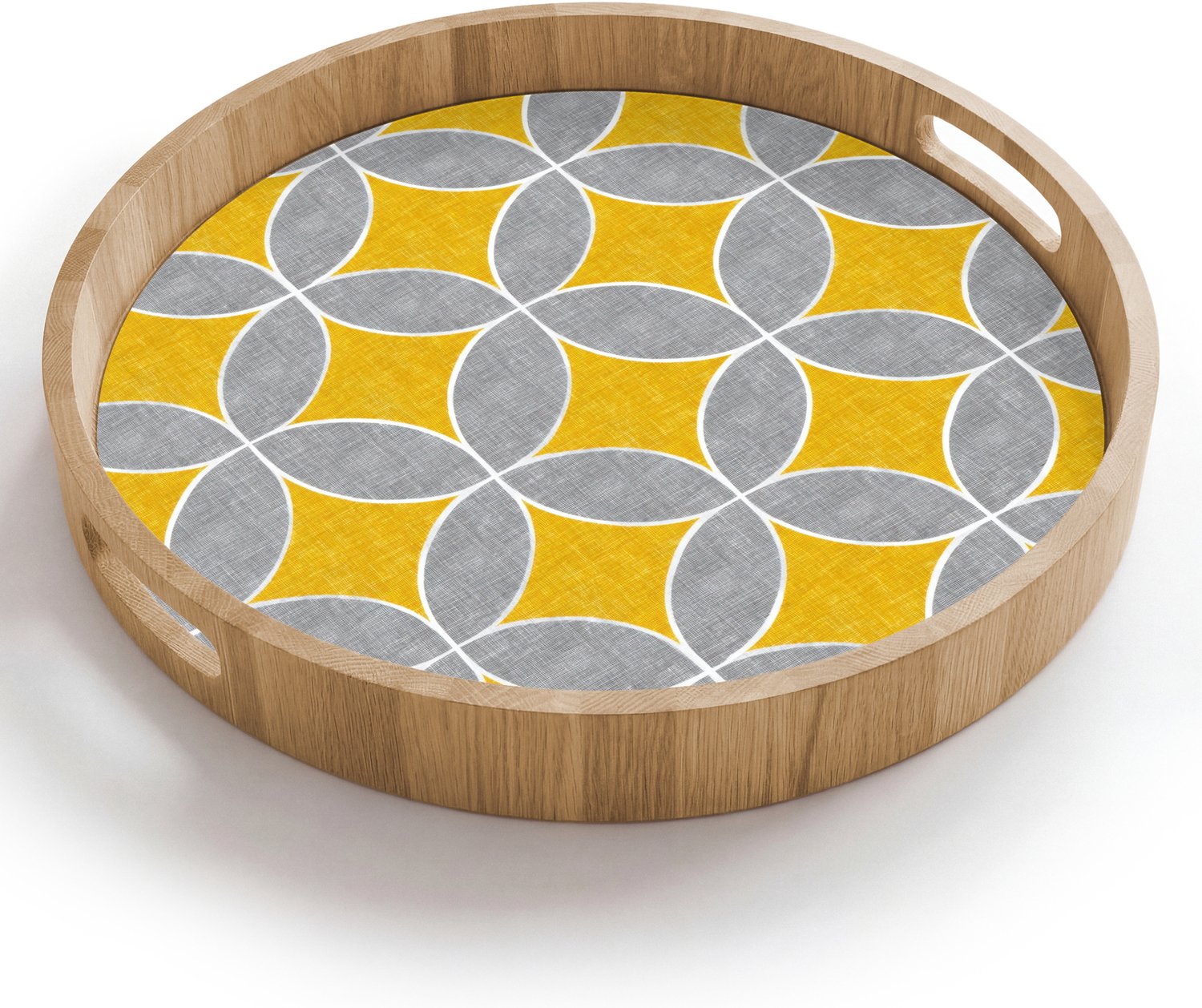 Dienblad rond 40x40 cm - Schootdienblad hout - Geometrisch - Cirkels - Textuur - Grijs - Geel - Borrelplank rechthoek - Plateau houten dienbladen