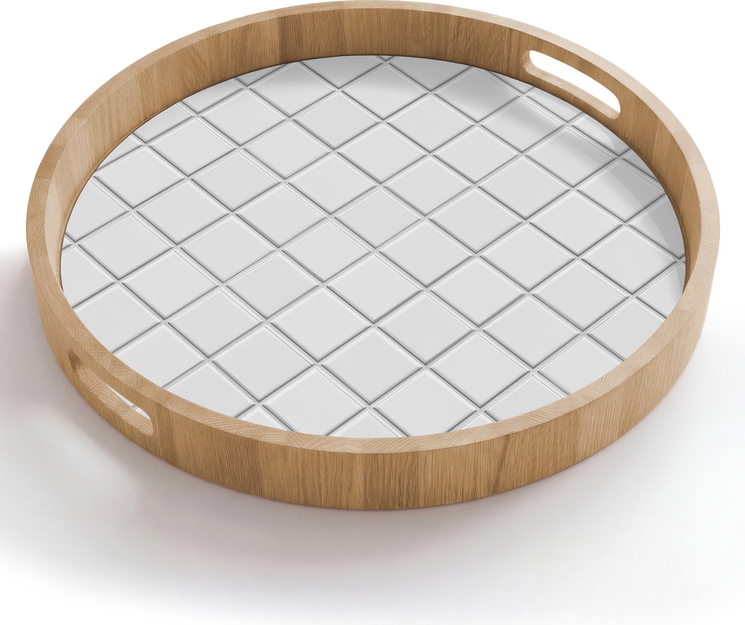 Dienblad rond 50x50 cm - Schootdienblad hout - Patroon - Tegels - Grijs - Wit - Borrelplank rechthoek - Plateau houten dienbladen
