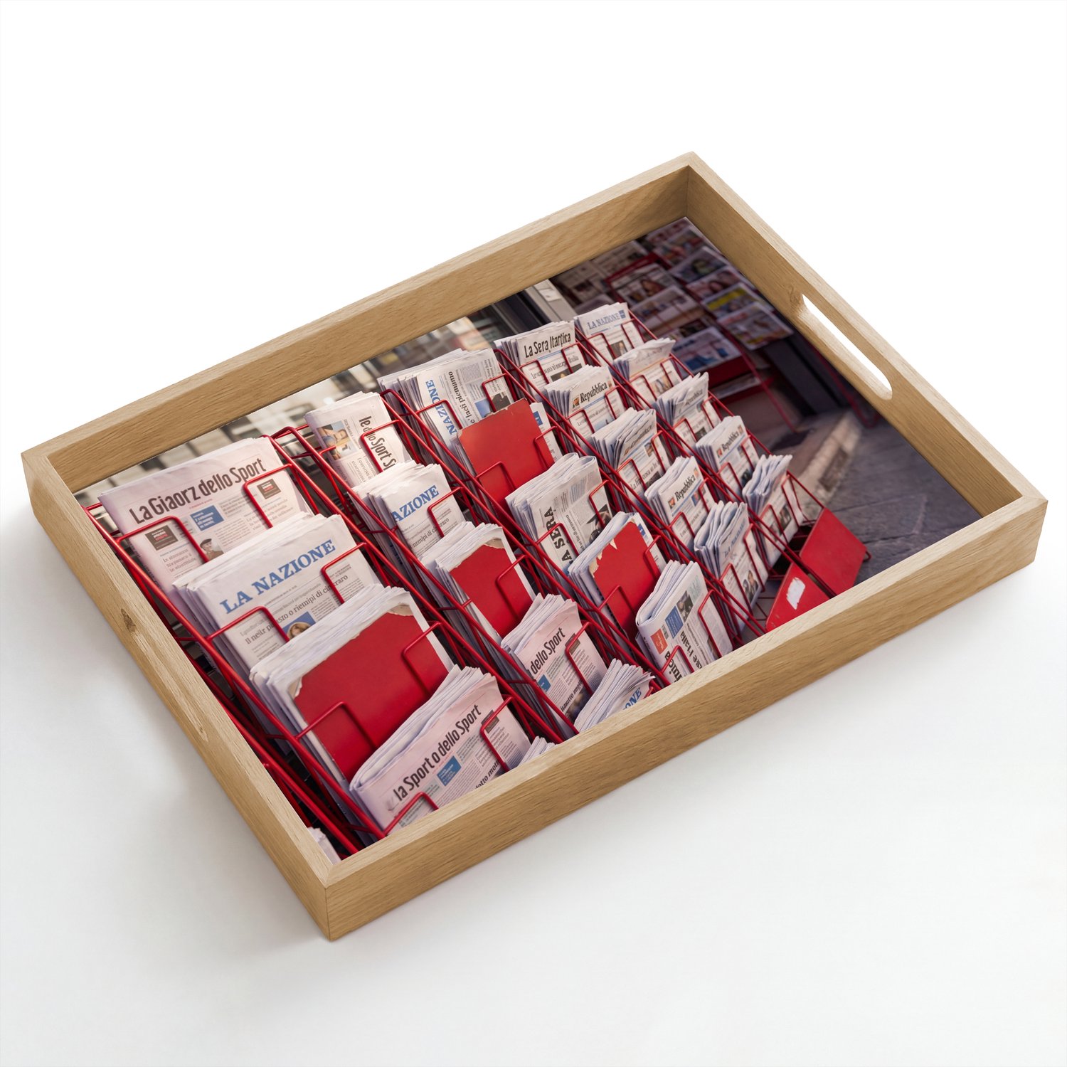 Dienblad hout 50x35 cm - Schootdienblad - Kranten - Rek - Stedelijk - Dagelijks leven - Rood - Borrelplank rechthoek - Plateau dienbladen