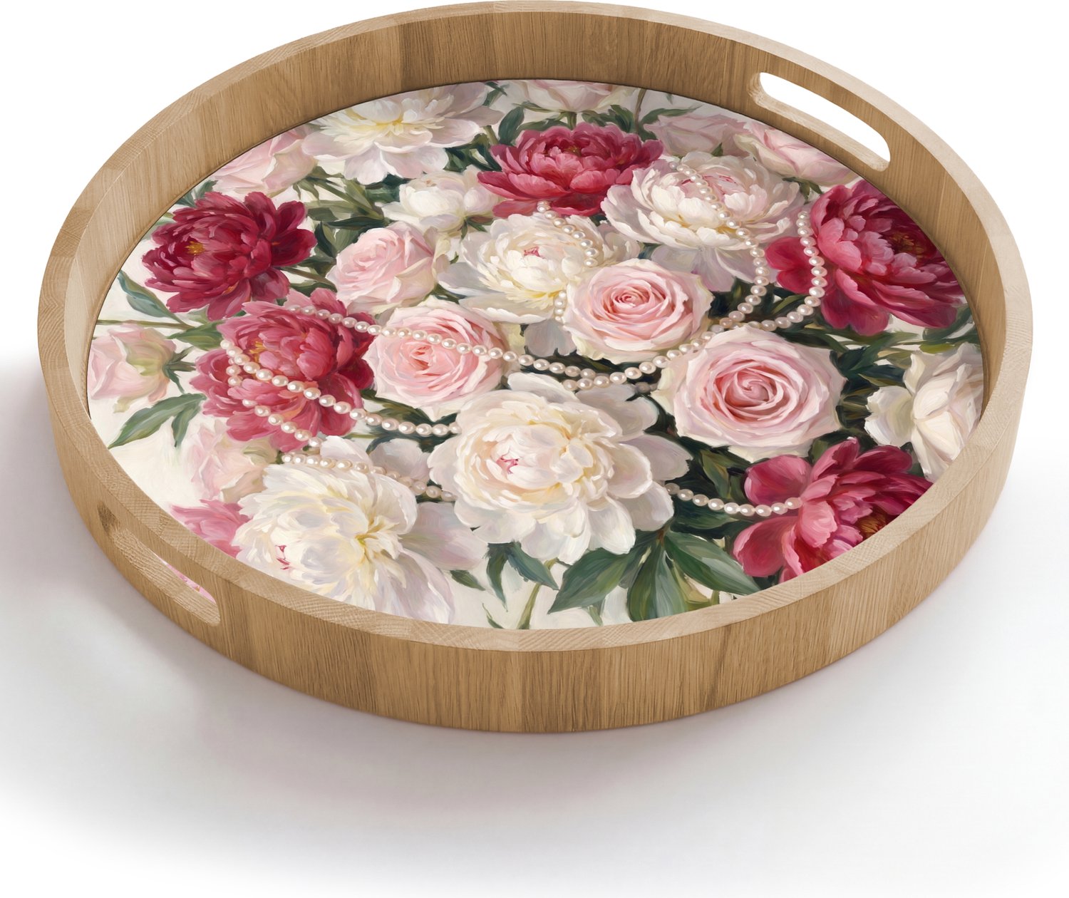 Dienblad rond 50x50 cm - Schootdienblad hout - Bloemen - Parels - Romantiek - Klassiek - Roze - Borrelplank rechthoek - Plateau houten dienbladen