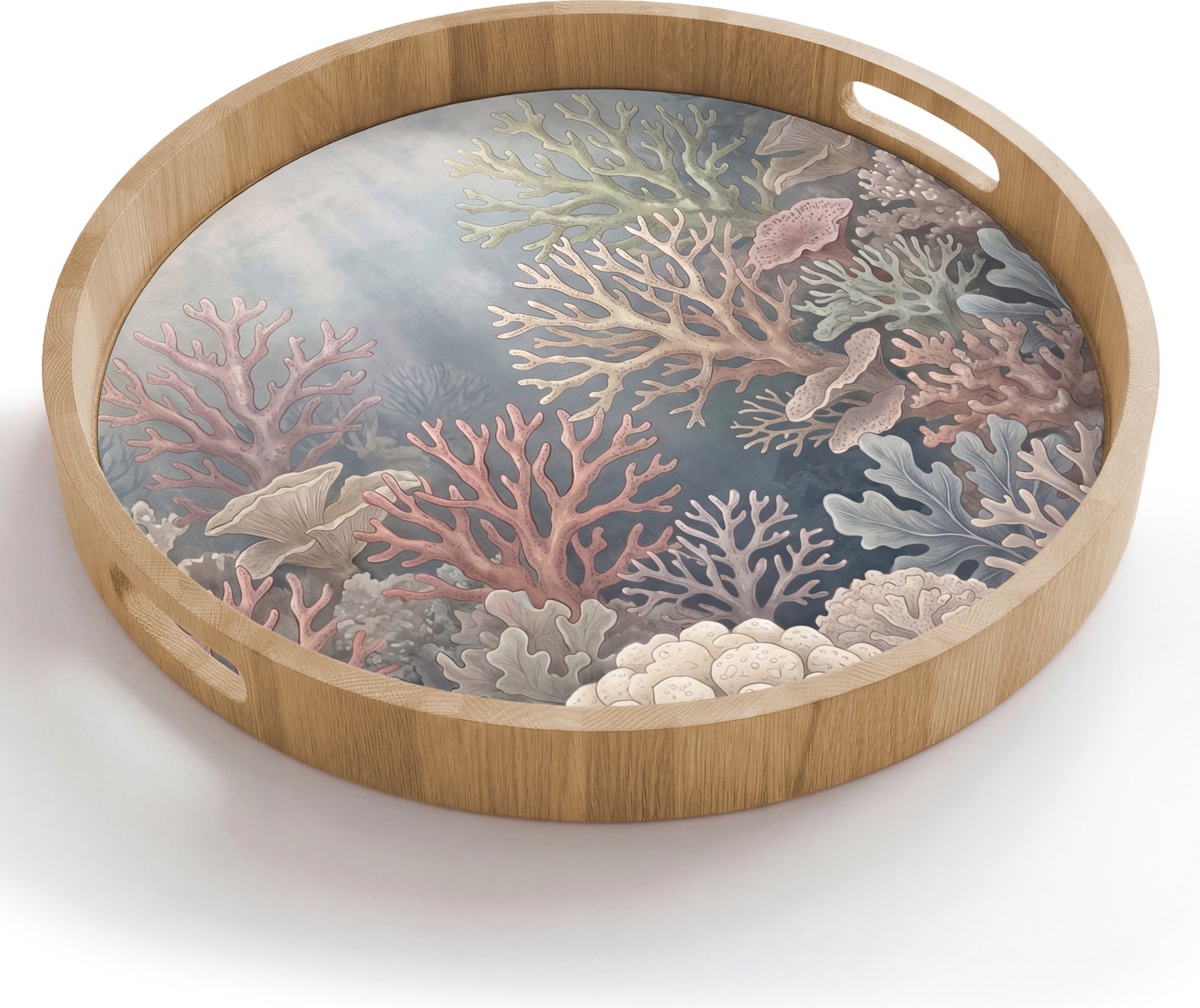 Dienblad rond 50x50 cm - Schootdienblad hout - Koraal - Zeeleven - Onderwater - Illustratie - Natuur - Borrelplank rechthoek - Plateau houten dienbladen