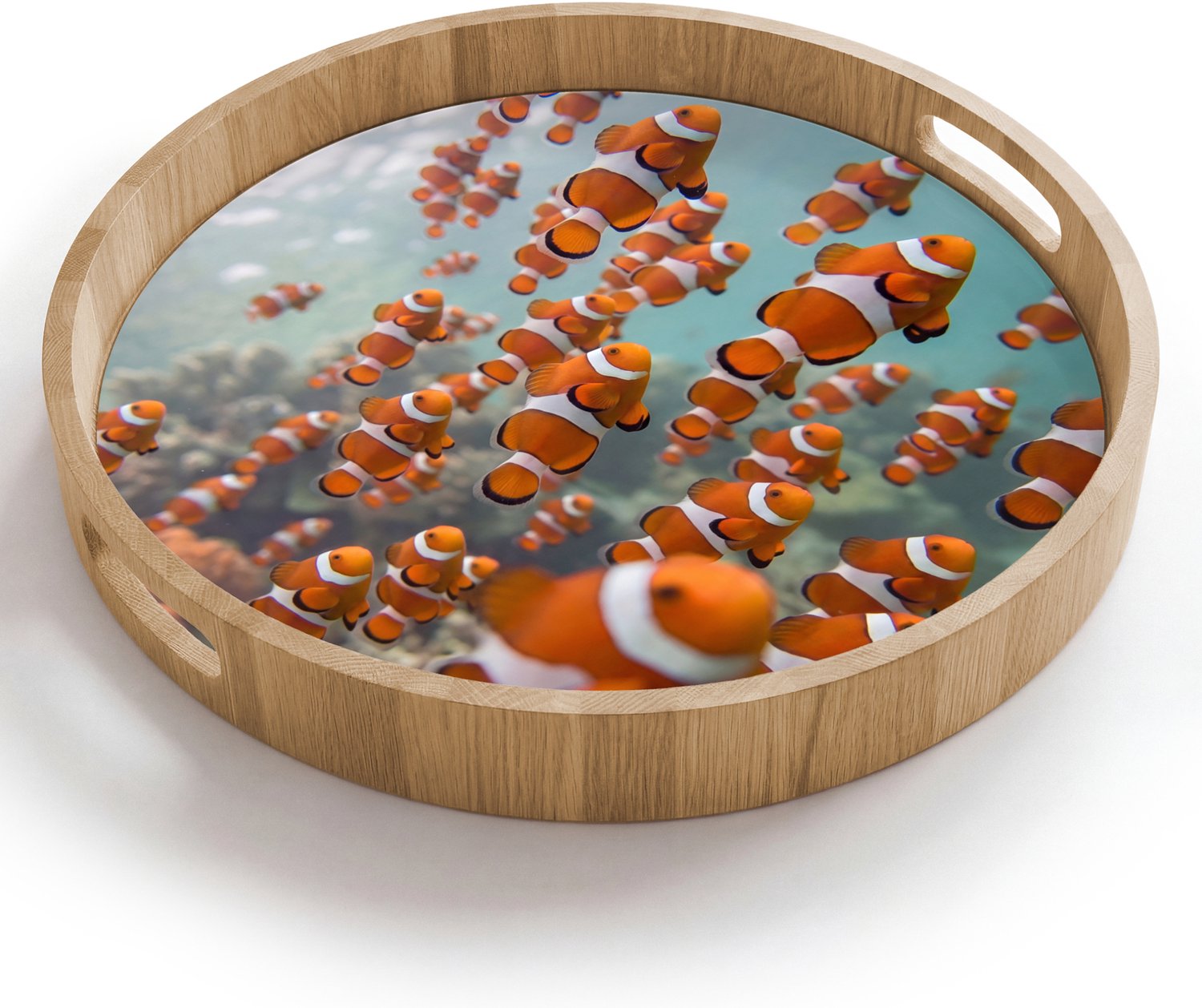Dienblad rond 40x40 cm - Schootdienblad hout - Vis - School - Onderwater - Dieren - Oranje - Borrelplank rechthoek - Plateau houten dienbladen