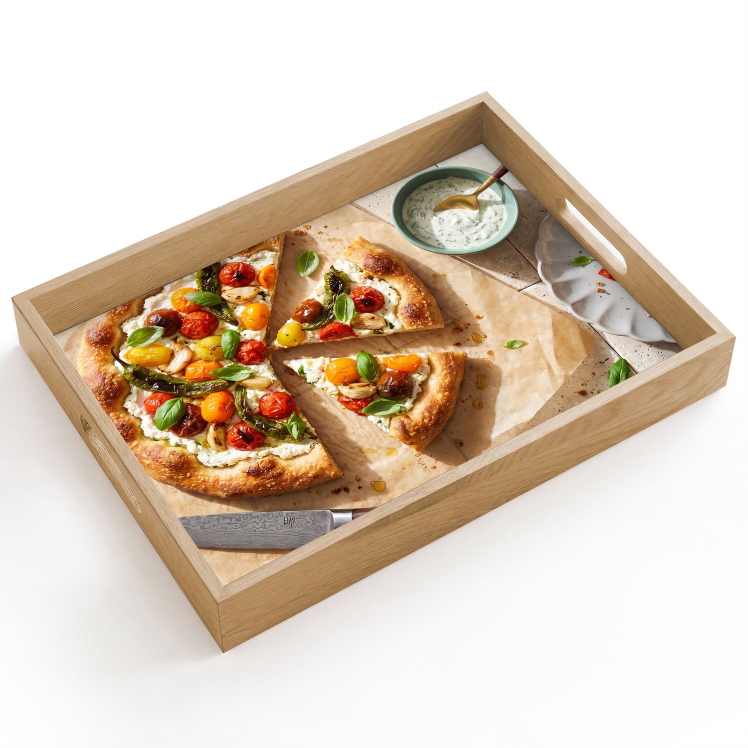 Dienblad hout 40x30 cm - Schootdienblad - Eten - Tomaten - Basilicum - Maaltijd - Vers - Borrelplank rechthoek - Plateau dienbladen