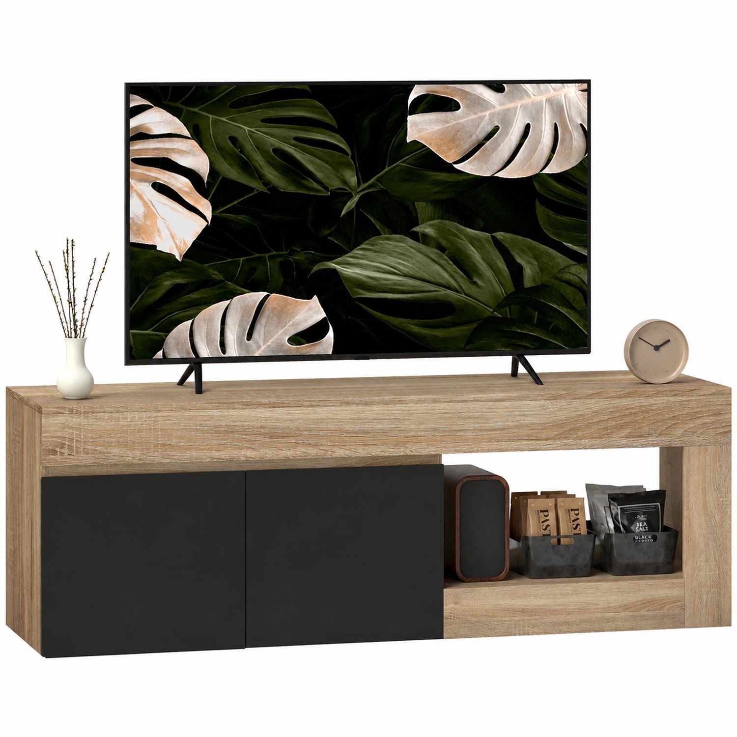 Lunpog TV-meubel - TV-meubel met dubbele deur - Open opbergkast met planken - Zwart