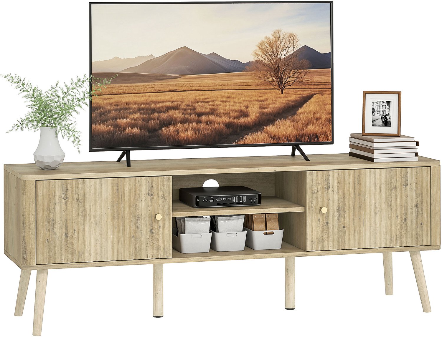 Lunpog TV-meubel - geschikt voor tv's tot 65 inch - met 2 deuren - 2 open vakken - verstelbare plank - 140 x 35 x 49 cm - eikenhout Natuurlijke houtkleur