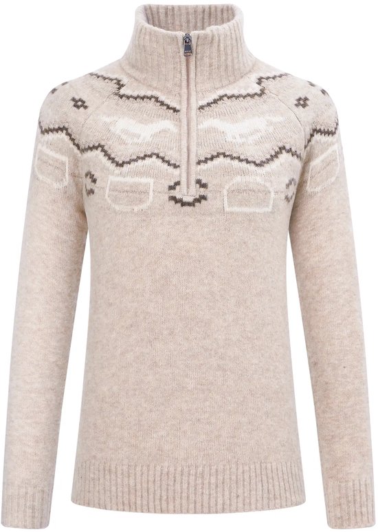 Beige HV Polo trui met hoge kraag, kwart rits en een bruin en wit Nordic patroon op de schouders.