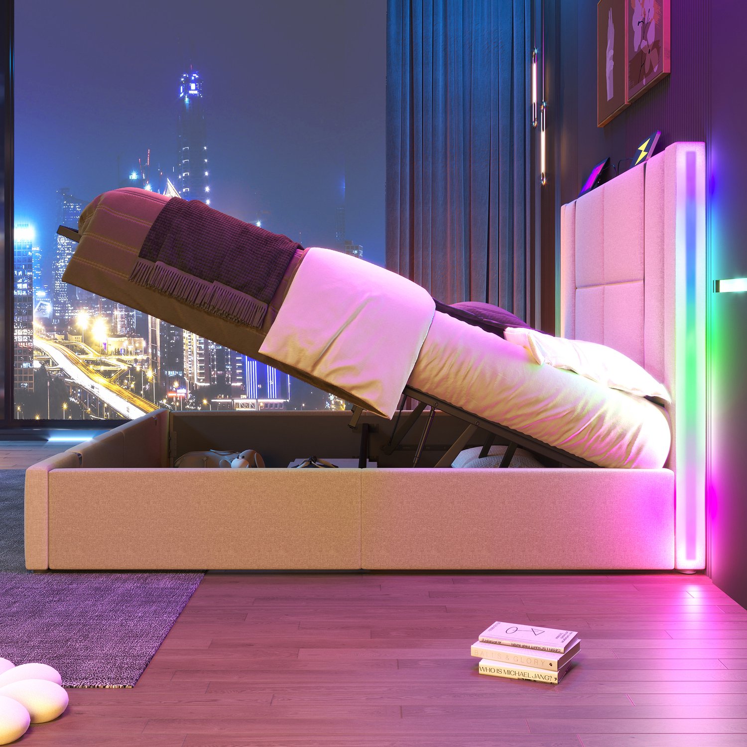Vovtenza Gestoffeerd tweepersoonsbed - USB Type-C oplaadfunctie - app-bediening - ledverlichting - 160x200 cm - opbergbed - bedframe - lattenbodem - beige linnen bekleding (matras niet inbegrepen)