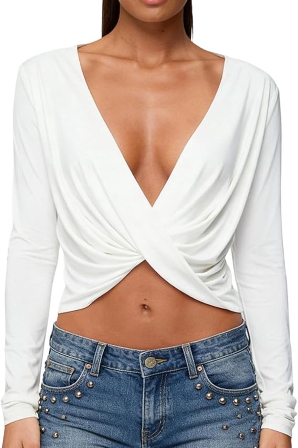 Dames-top met lange mouwen gedrapeerd model colhals overslag cropped snit diepe V-hals gedraaid detail aan de voorzijde en geplooid effect – ideaal voor een avondje uit Wit