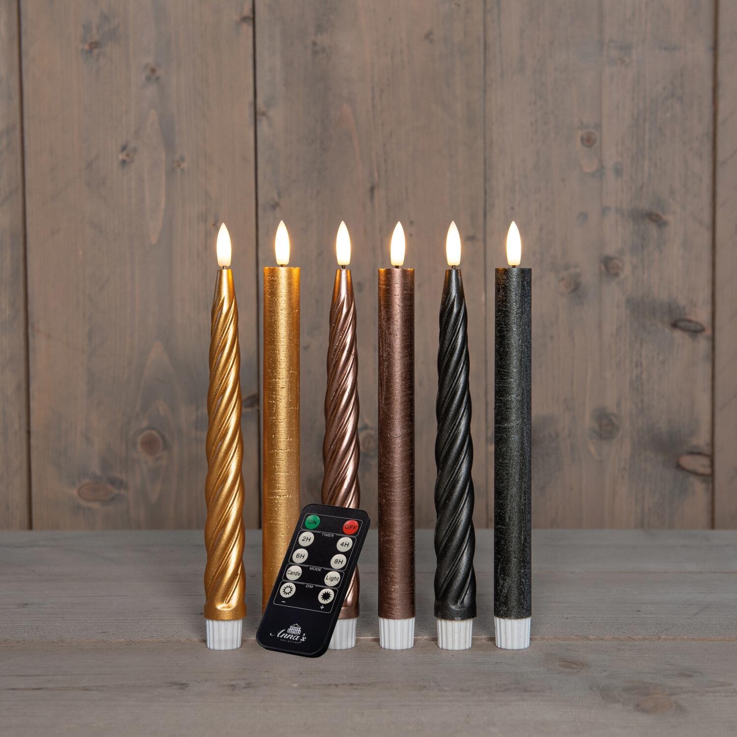 Anna's Collection LED dinerkaarsen - 6x - goud - bruin - antraciet - 23 cm - afstandsbediening - kaarsen Goudkleurig