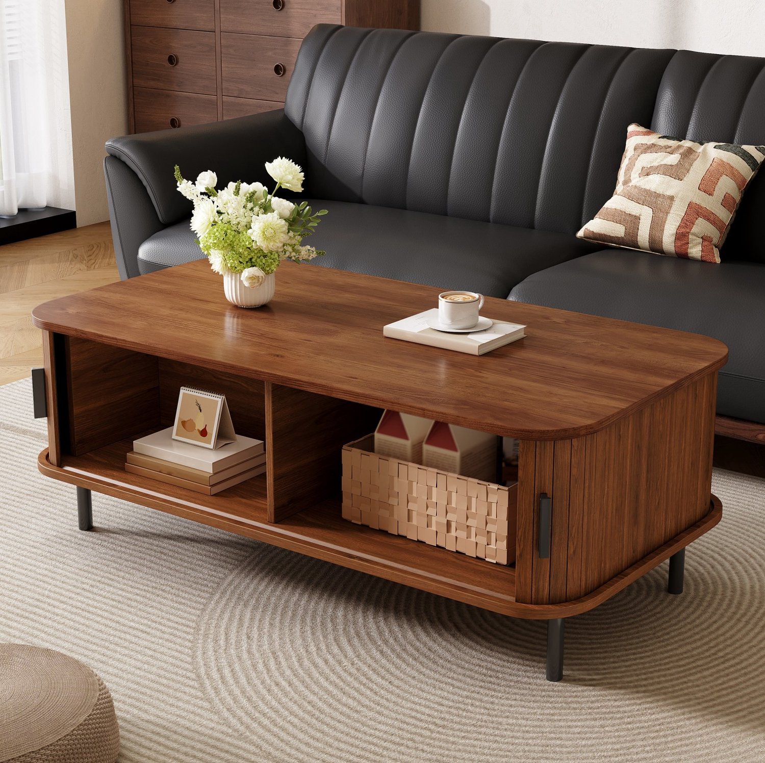 Maisentiel Salontafel 100 x 50 x 45 cm met schuifdeuren, MDF en spaanplaat, walnoot