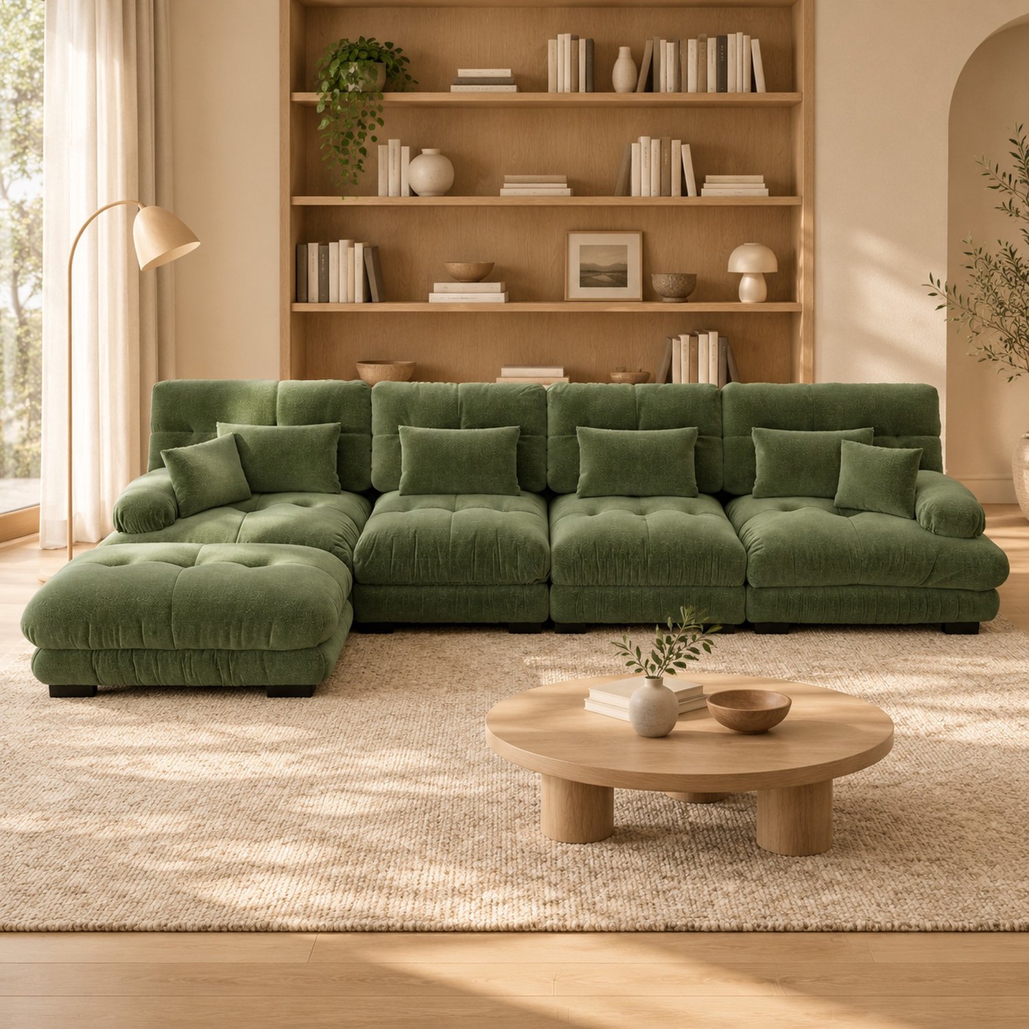 WUVRIE Modulaire hoekbank 406x145 cm - 4-zits met verplaatsbare ottoman - Groen
