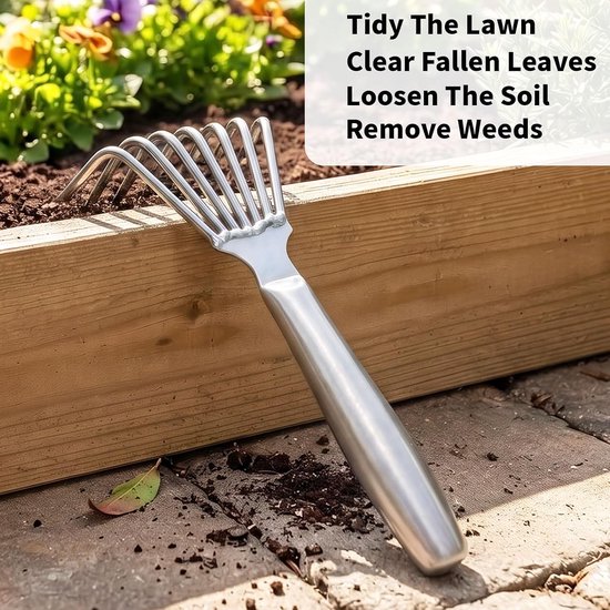 Handharkje - Handcultivator - Tuinkrabber - Volledig Metaal & 7 Tanden - Roestbestendig - Voor Moestuin, Bloembedden, Grond Losmaken & Onkruid Wieden - 22.5x11 cm - Zilver — afbeelding 3