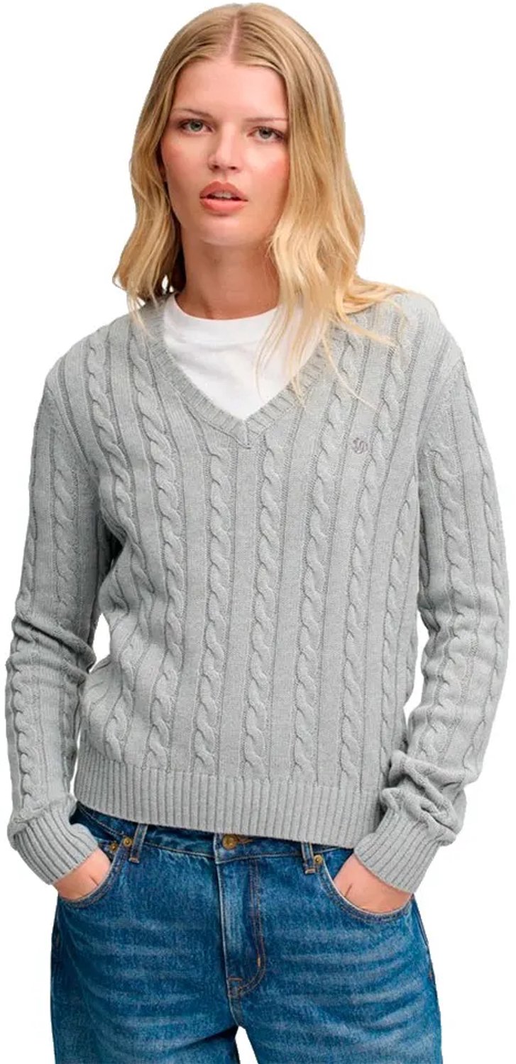 Superdry Washed V-hals Cable Trui Slanke Pasvorm Dames Sweaters Grijs
