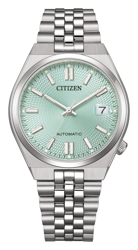 Citizen Tsuyosa horloge met mintgroene wijzerplaat, datumvenster en zilverkleurige schakelband.