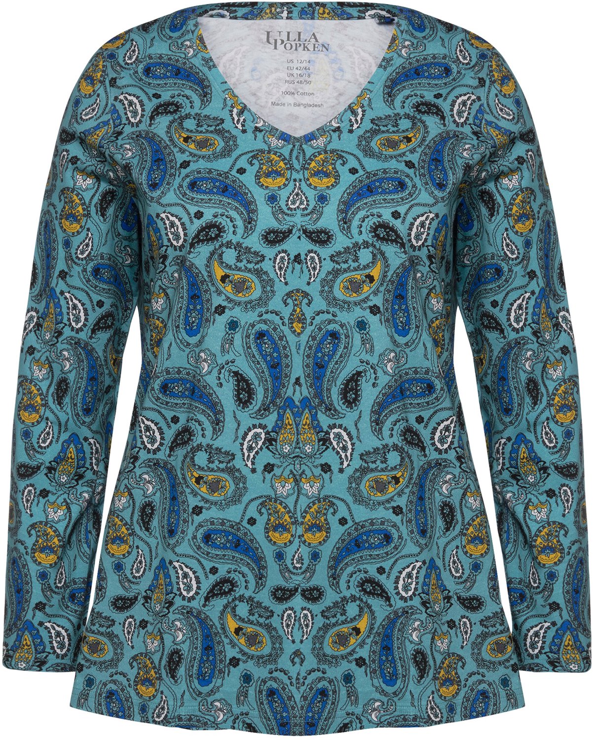 Ulla Popken - Dames - T-shirt paisleymotief V-hals lange mouwen - Ijsblauw - Maat 66+