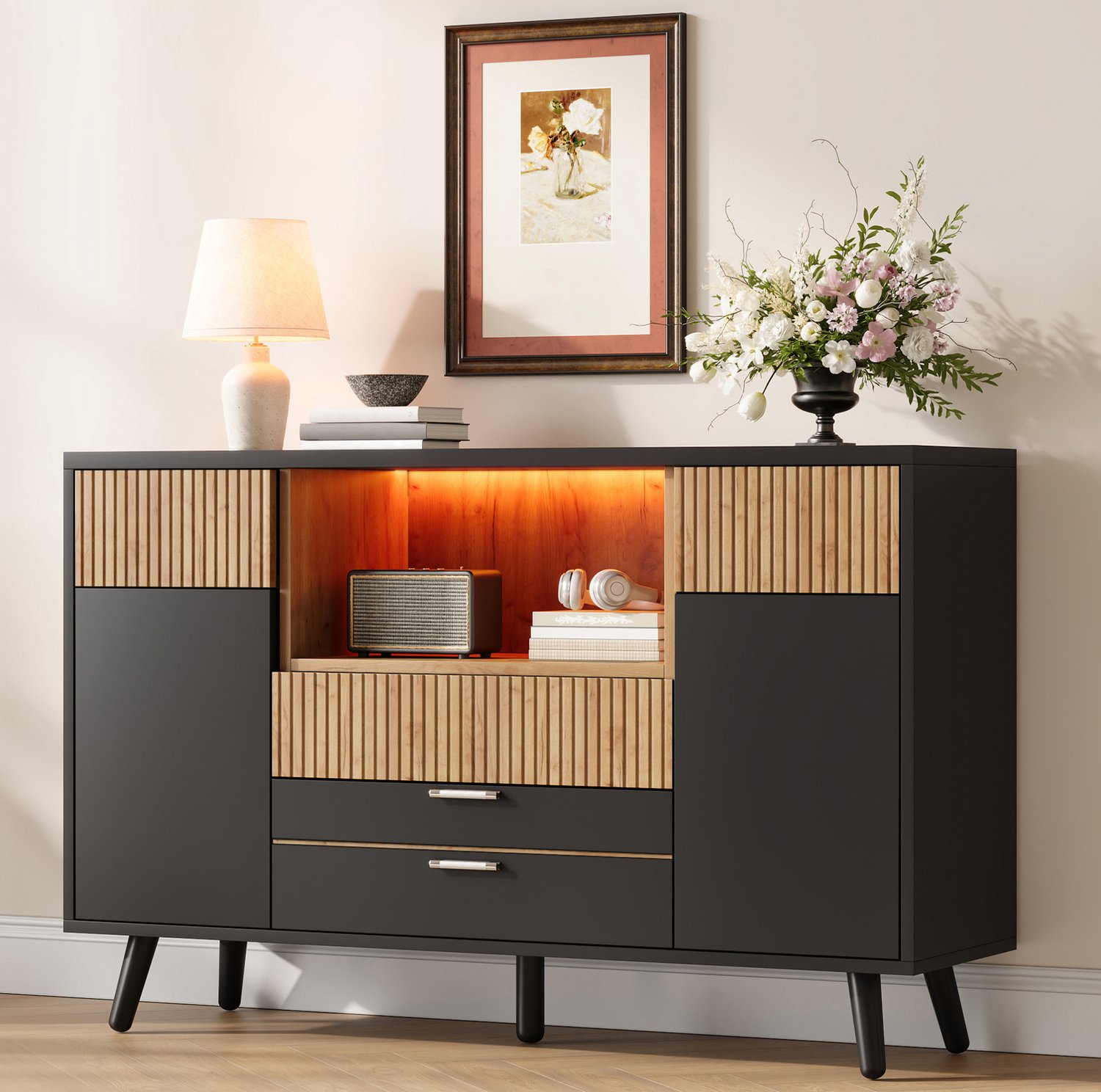 OKWISH Keukenkast - 4 Lades En Verstelbare Legplanken - RGB-Ledverlichting Met App-Bediening - MDF Zwart Naturel - 130 x 38 x 85 cm