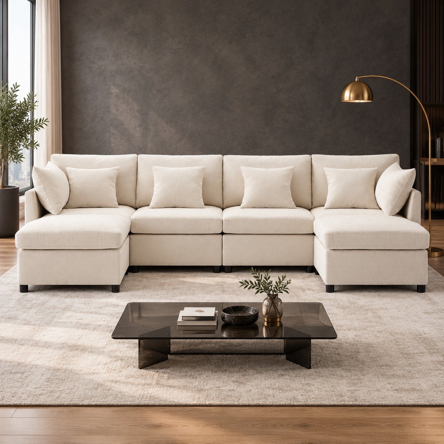 WUVRIE Modulaire U-bank 278x161 cm - Om te vormen tot L-vorm met hockers en 6 kussens - Beige