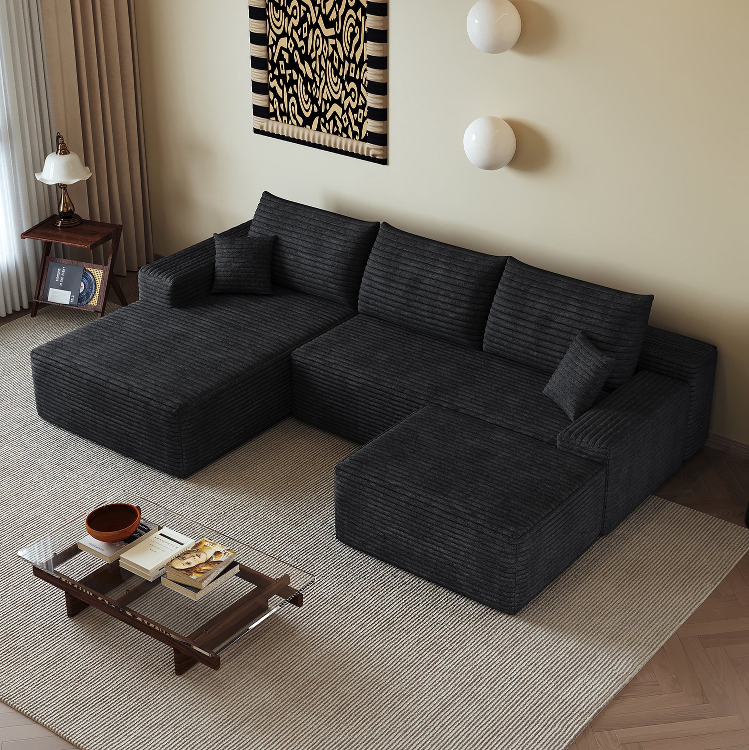Wishdor Hoekbank - Modulaire L-vorm met chaise longue - Vier zitplaatsen zonder montage - Diepe zitting - Modern design - Woonkamer slaapkamer appartement - Corduroy stof - Zwart - 270 x 175 x 83 cm