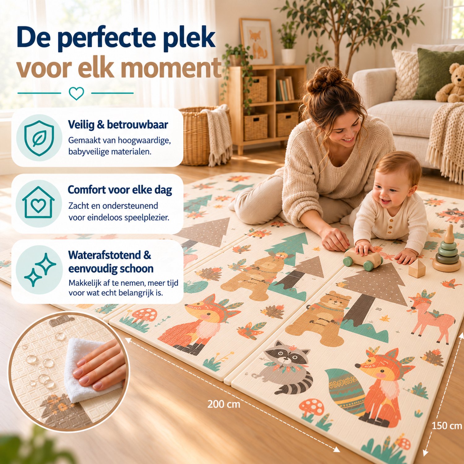 GoudenGracht - Speelmat - Speelkleed - Speelmat Baby - Dubbelzijdig - Opbergtas - Speelkleed Baby - Speelmat Foam - 150 x 200 cm - Opvouwbaar - Beige - Baby Speelgoed 6 maanden - Baby cadeau - Kraamcadeau – foto 4