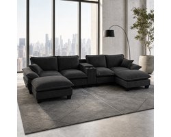 WUVRIE - Modulaire U-bank 362x155x90 cm - Met USB-aansluitingen, opbergruimte en bekerhouders - Zwart