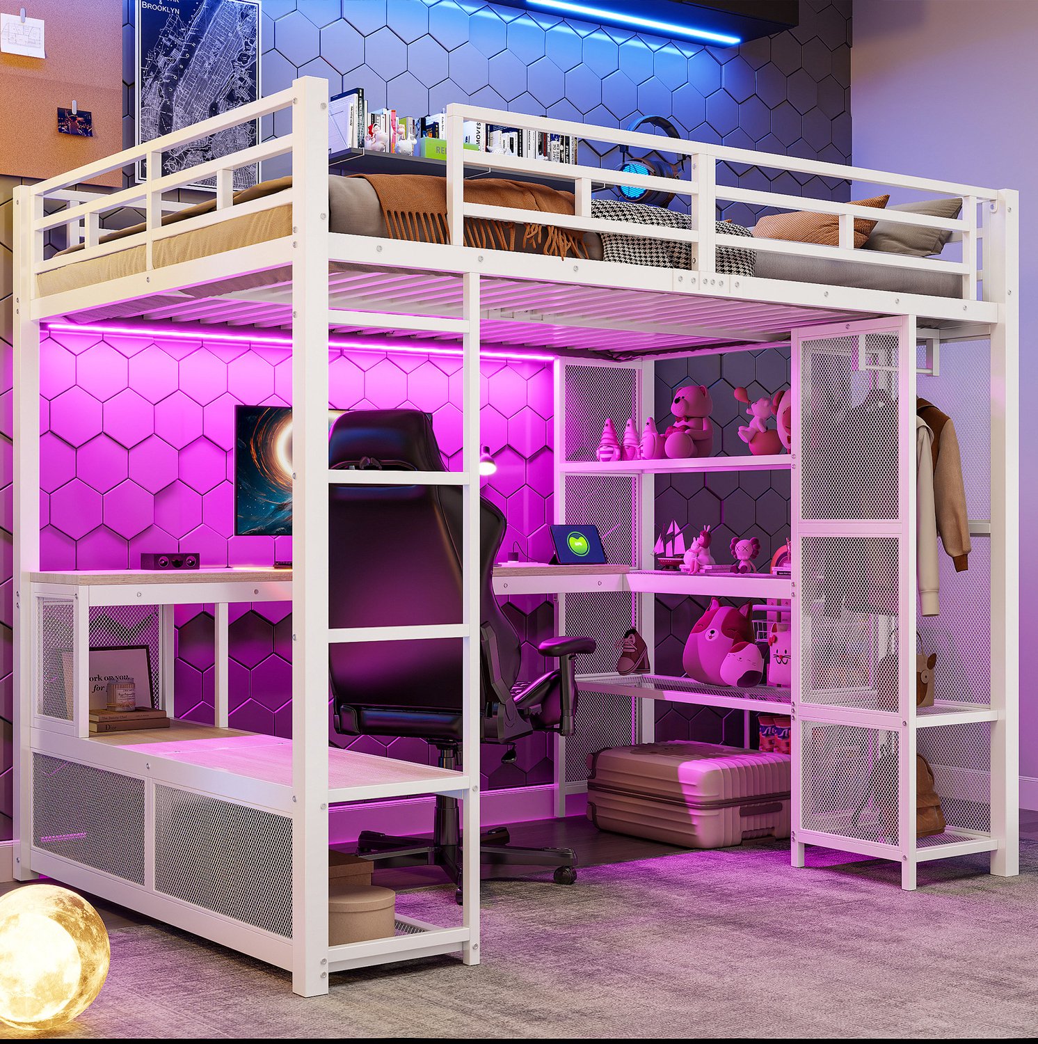 WUVRIE Hoogslaper 140x200 cm - Met bureau, open kledingkast, LED en USB - Wit