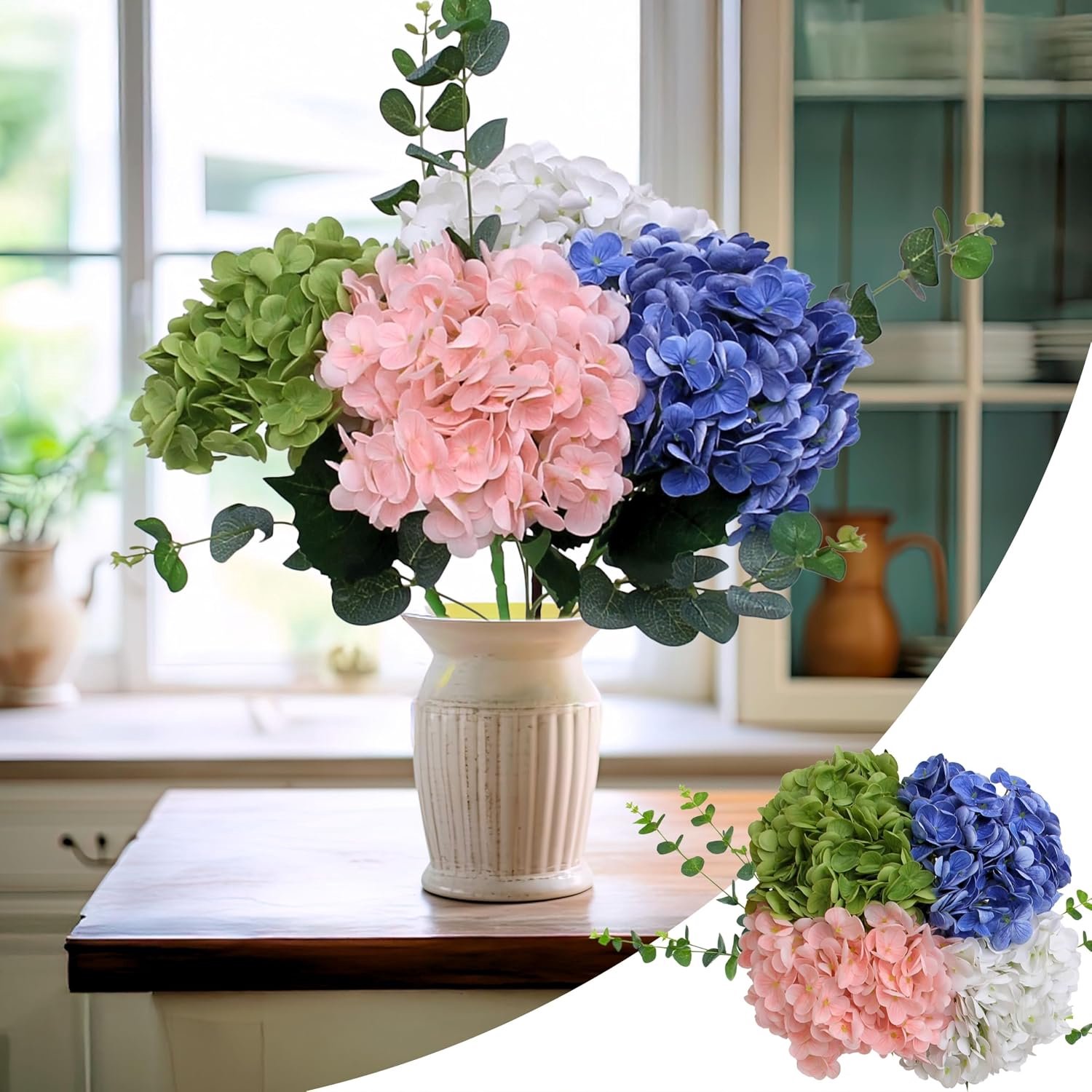 Kunstmatige Hortensia Bloemen 50 cm - Set van 4 (Blauw, Wit, Roze, Groen) - Inclusief 2 Eucalyptus Stelen - ServiceTopper