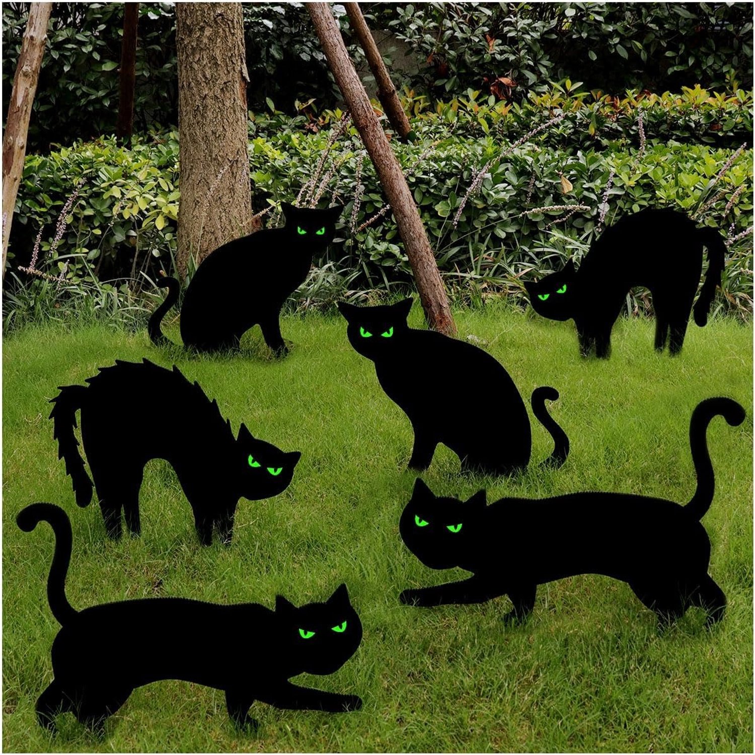 Halloween Zwarte Katten Tuinstekers (Set van 6) - Lichtgevende Ogen in het Donker - Waterdichte Halloween Buiten Decoratie met Grondpennen - Silhouet Katten voor Gazon & Tuin