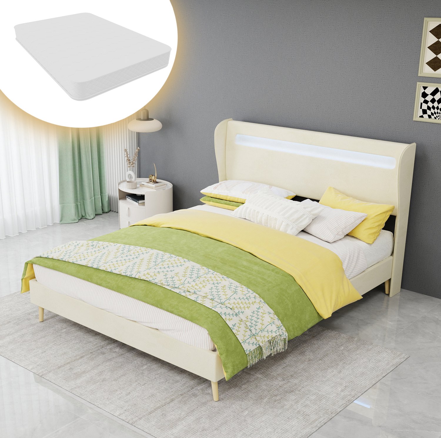WUVRIE Gestoffeerd bed 140x200 cm - Verstelbaar hoofdeinde met kleurinstelbare LED-verlichting - Beige