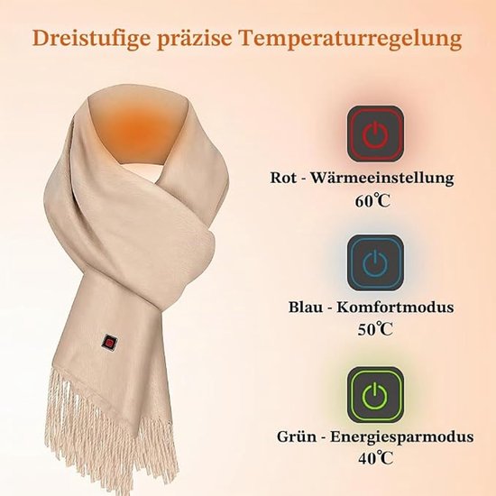 Verwarmde sjaal met drie temperatuurinstellingen: rood 60°C, blauw 50°C en groen 40°C.