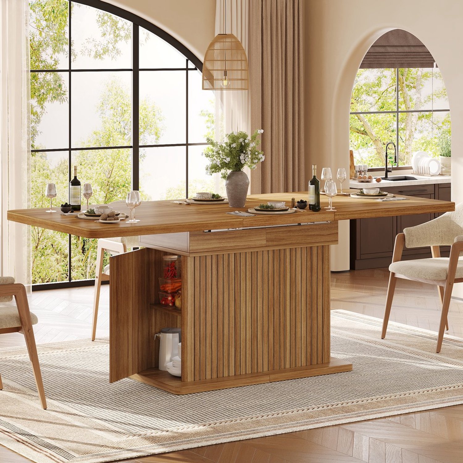 Pugsdrly Uitschuifbare eettafel 120–160 cm, multifunctionele tafel met verborgen opbergruimte en verticale reliëfstrepen, opklapbaar tafelblad, moderne eettafel, donkerbruine houtlook