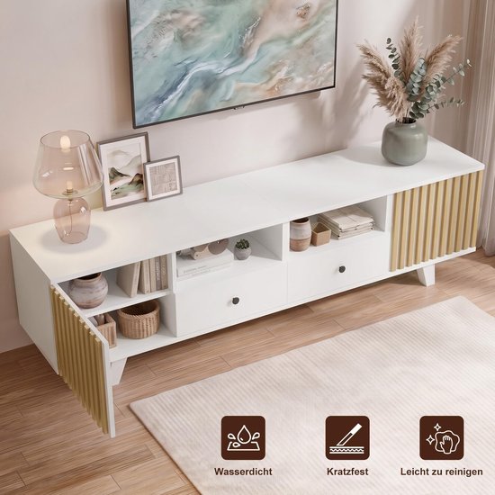 Nordic Elegance TV-Meubel Lowboard voor Televisies tot 80 Inch – Luxe Dressoir met 2 Lades, 2 Deuren, 2 Open Vakken en Verstelbare Plank – Stijlvol Kabelbeheersysteem – Wit & Natuurlijk Hout (180 x 40 x 50 cm) — afbeelding 2