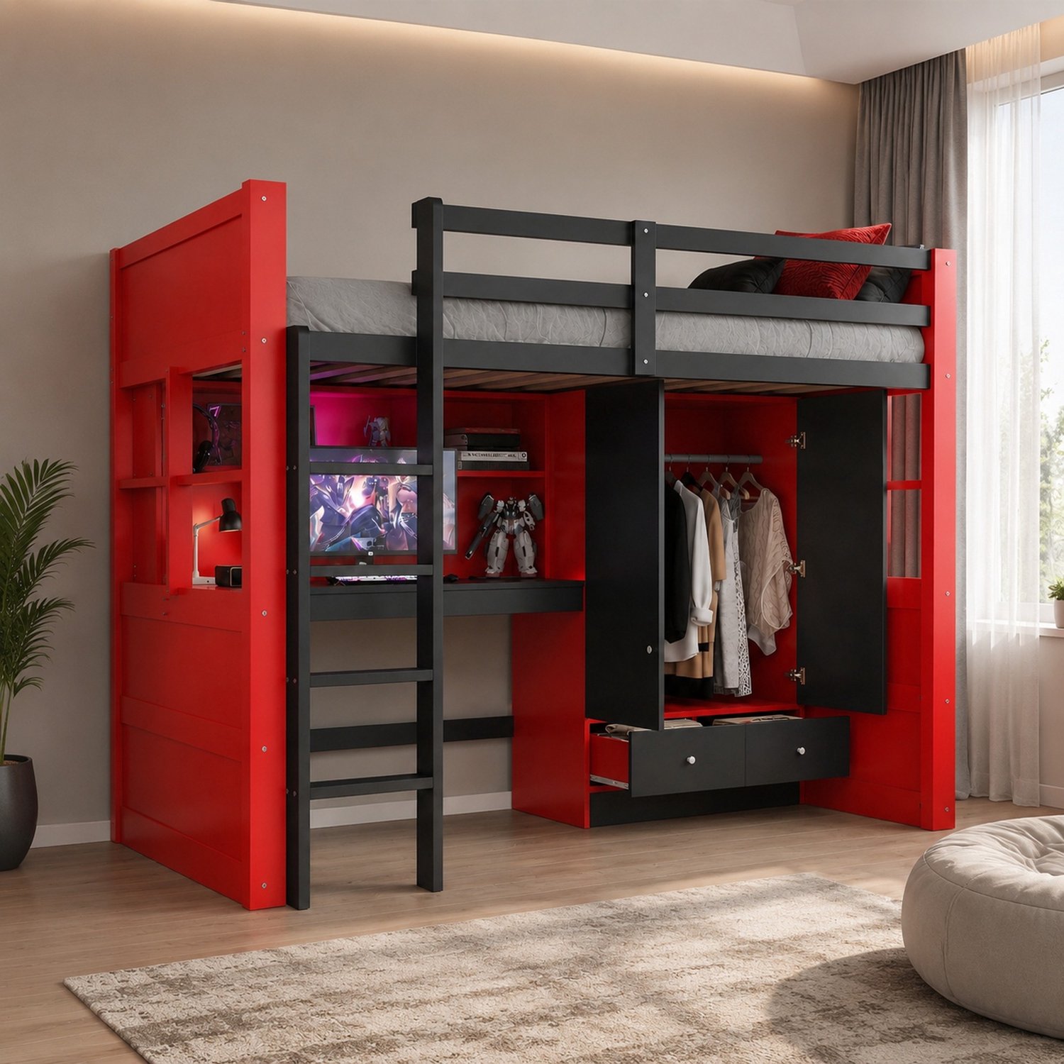 WUVRIE Hoogslaper 90x200 cm - Bureau, kledingkast, lades, LED en stopcontacten - Zwart/rood Zwart, rood