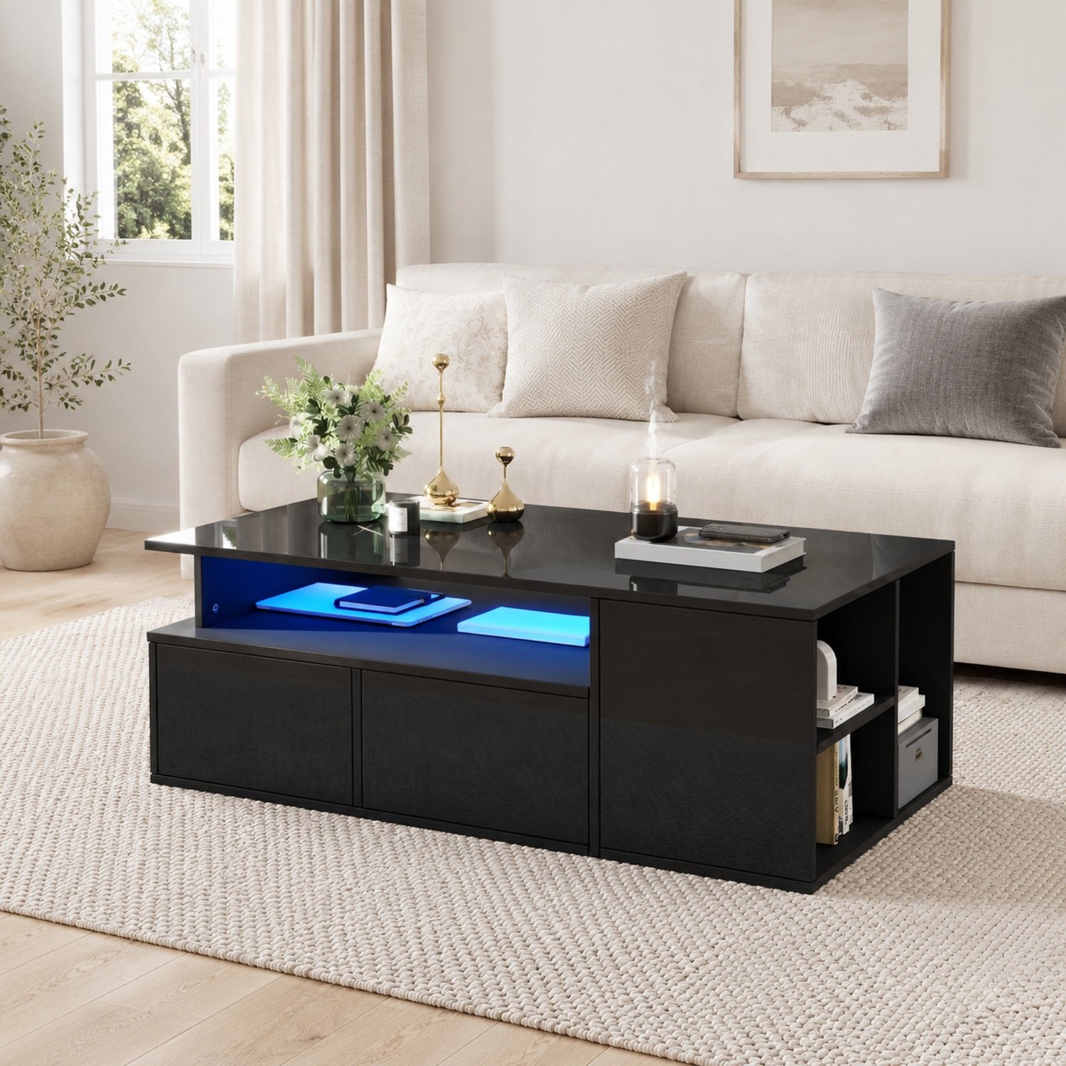 Maisentiel Salontafel 100 x 50 x 35 cm met LED, 2 lades en hoogglans, zwart
