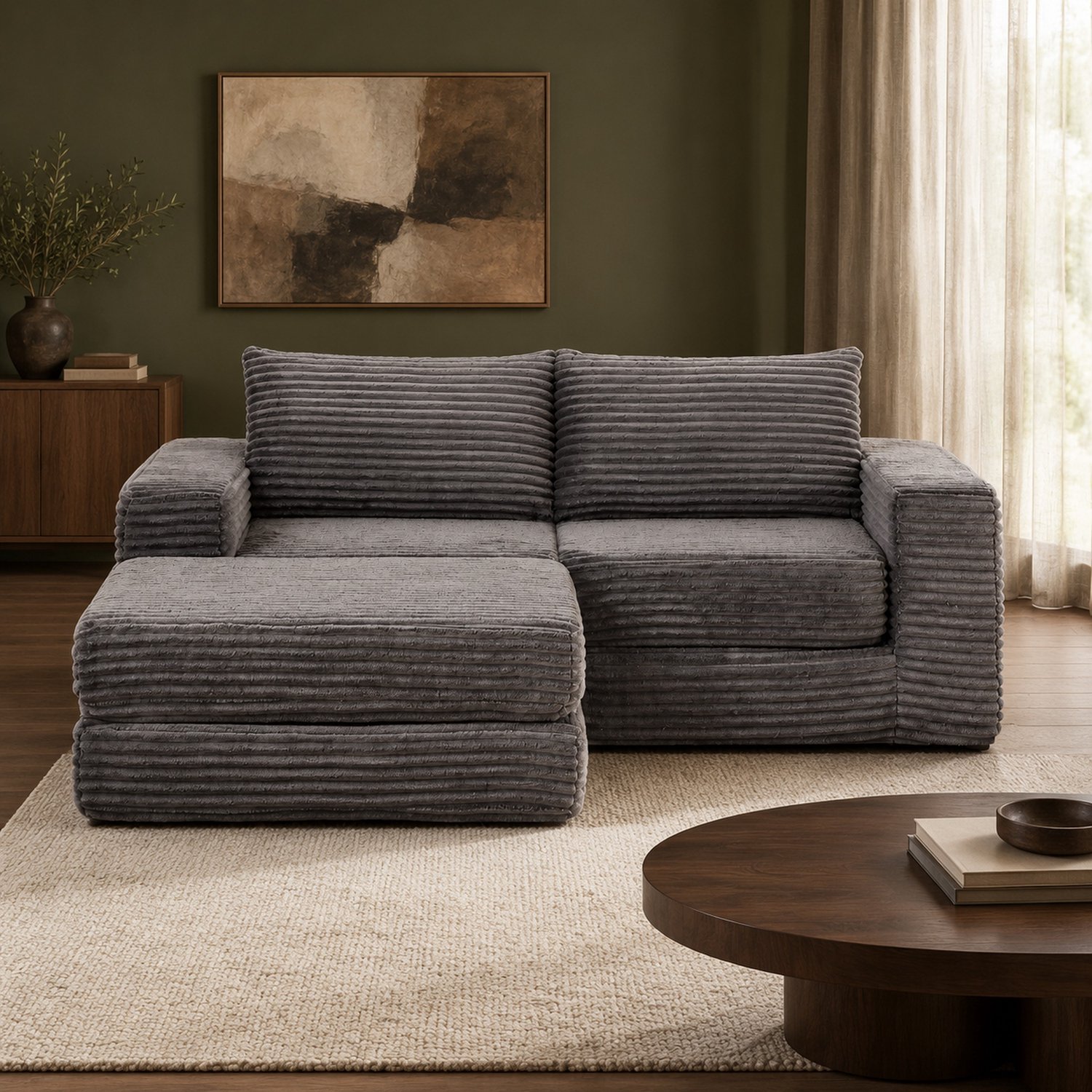 WUVRIE Modulaire 2-zits slaapbank 194x169,5 cm - Verplaatsbare voetensteun en 2 kussens - Grijs