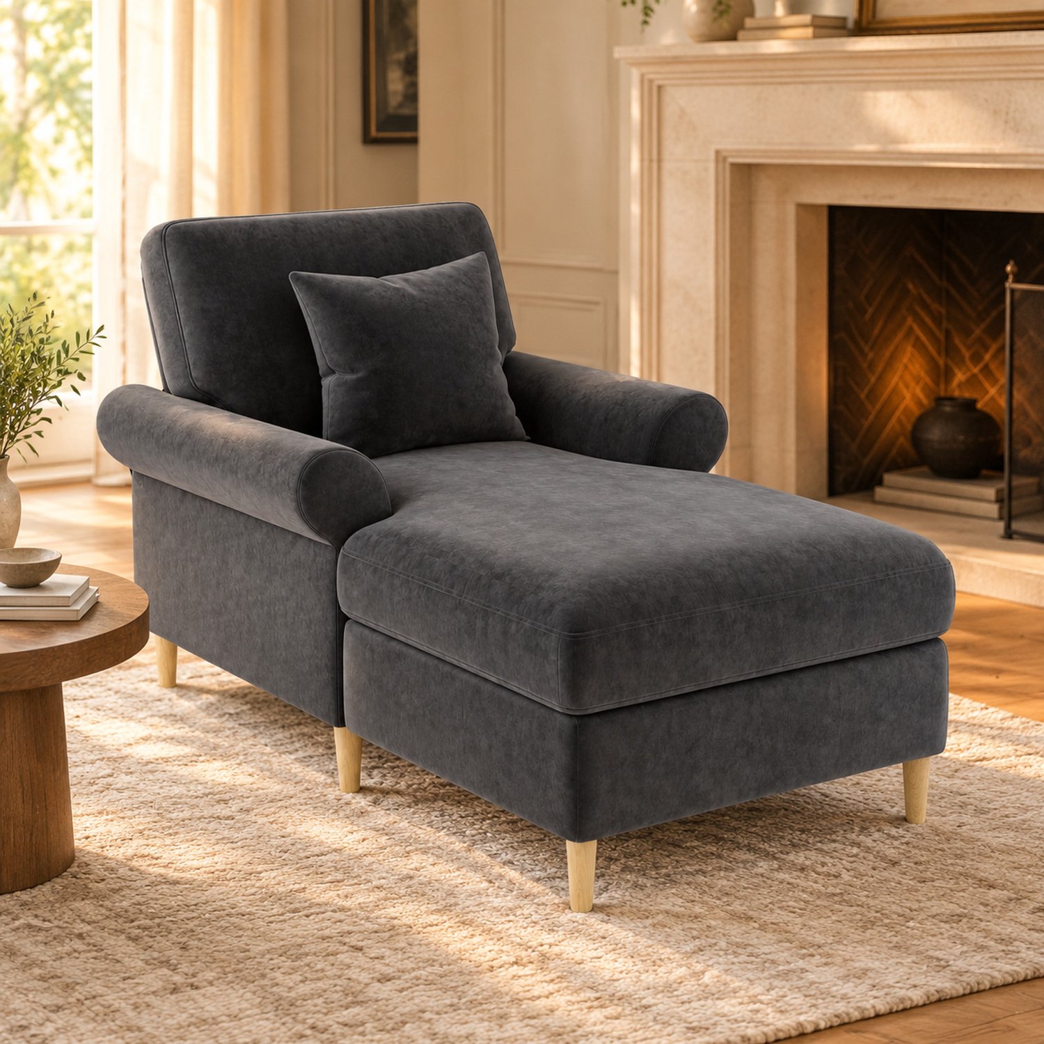 WUVRIE Relaxfauteuil 133x87x90 cm - Fluwelen bekleding, armleuningen en kussen - Grijs
