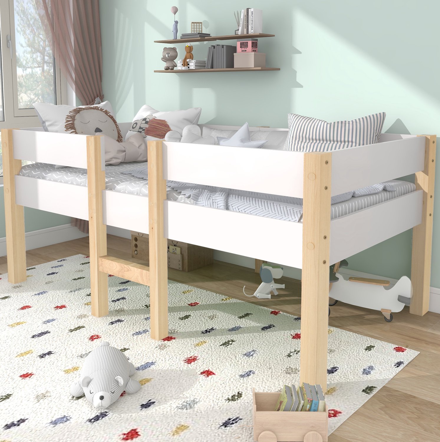 Halfhoogslaper kinderen 90x190 cm met uitvalbeveiliging, hout en MDF, wit