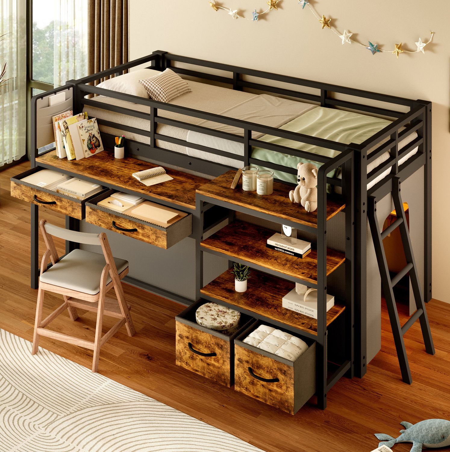 DESMIU Hoogslaper 90x200 cm – Bureau, LED-Verlichting En Opbergruimte – Stoffen Lades En Gordijn – Kinderkamer – Metaal En MDF – Zwart – Zonder Matras