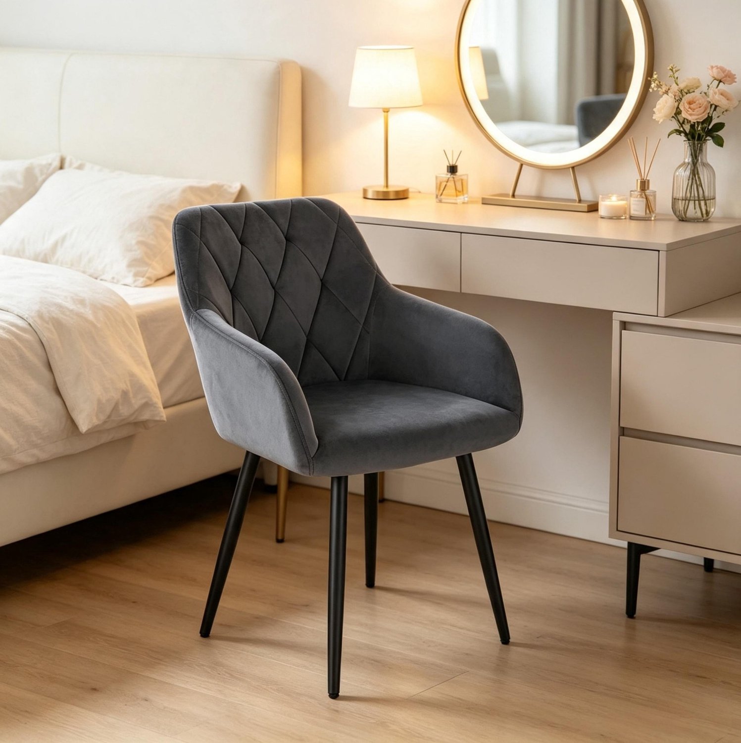 OKWISH Eetkamerstoel 46,5 x 44,5 x 79 cm - Met Armleuningen En Gewatteerde Zitting - Voor Eetkamer Of Woonkamer - Velvet En Metaal - Donkergrijs