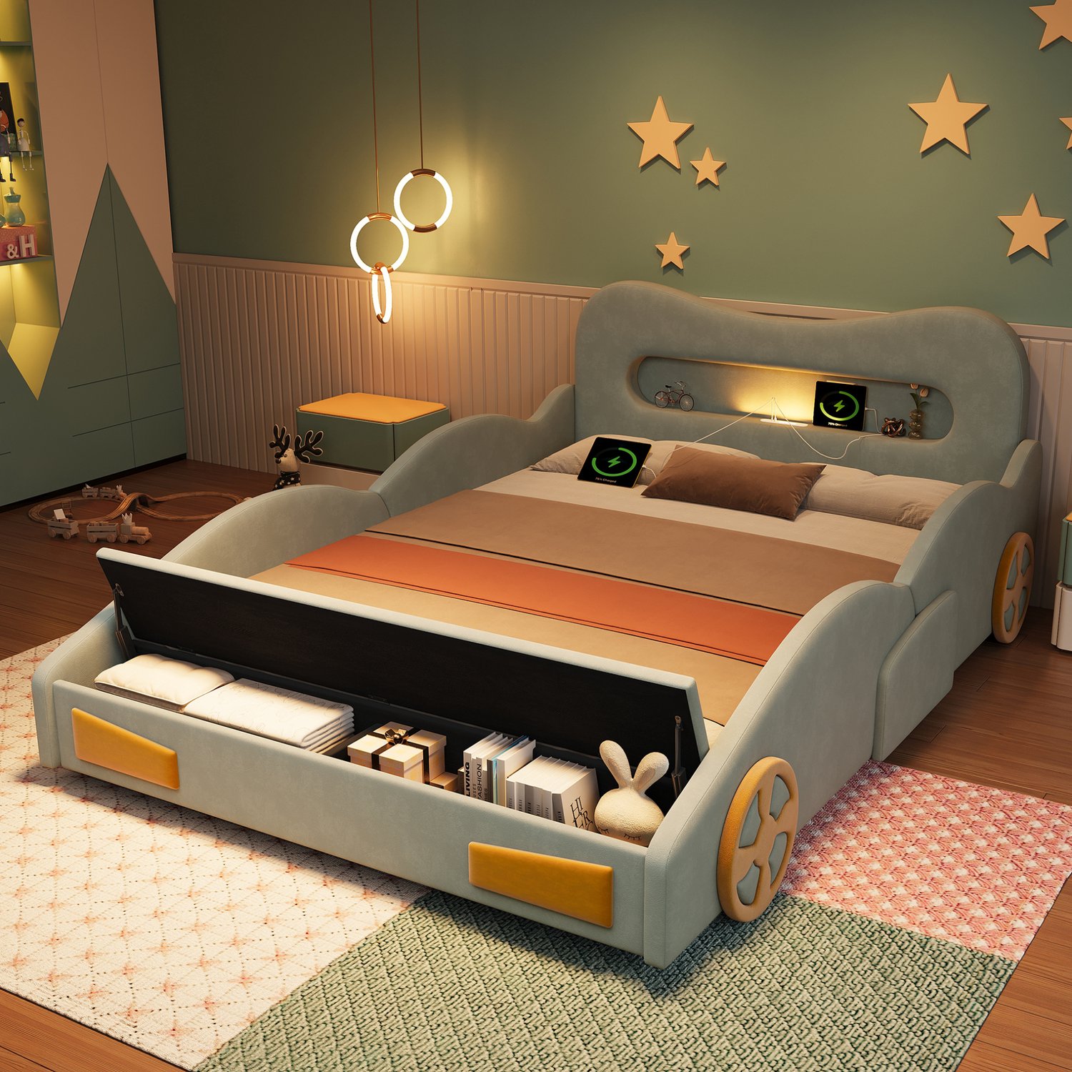 MODENUIT Kinderbed – Auto-ontwerp met Leeslamp – 140 x 200 cm – Flanellen Stof – Groen – Laadpunt en Opbergruimte
