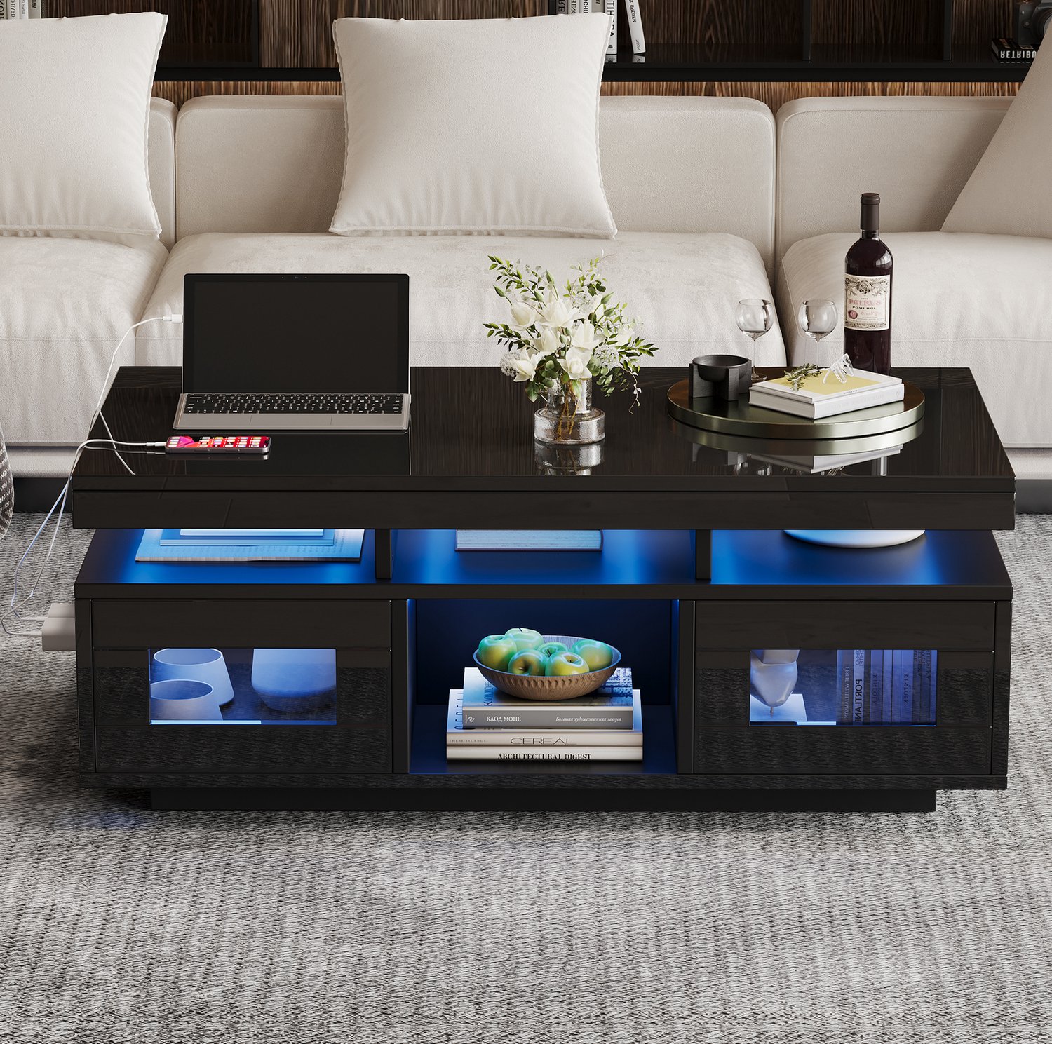 WUVRIE Salontafel 100x50x43 cm - LED met appbediening, USB en stopcontact - 2 kasten - Zwart