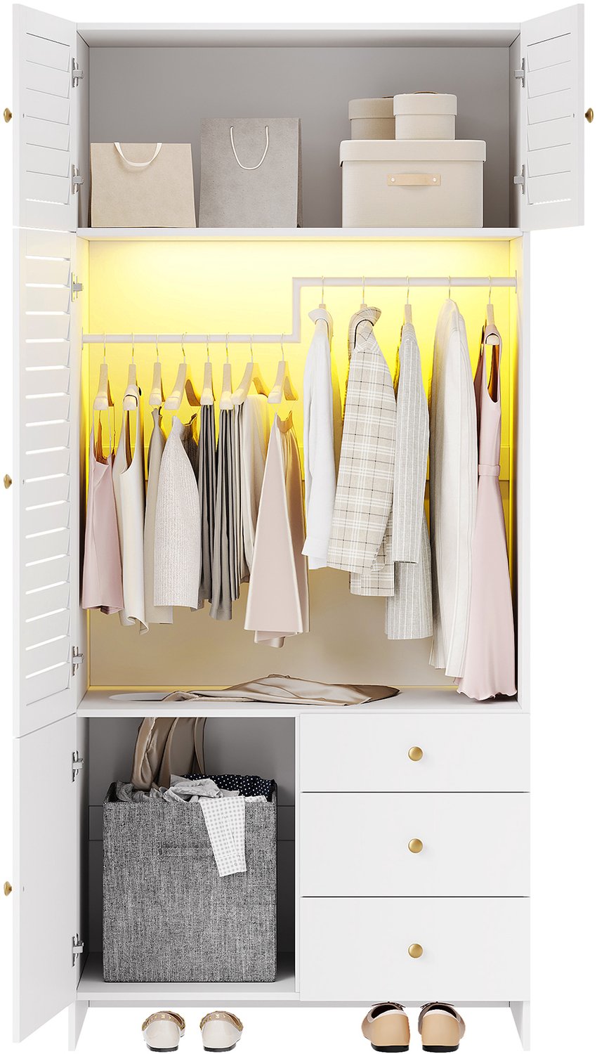 Kledingkast Met Draaideuren - 90 x 50 x 200 cm - Kledingroede En 3 Laden - Uitneembare Wasmand En LED-Verlichting - Wit Spaanplaat Voor Slaapkamer