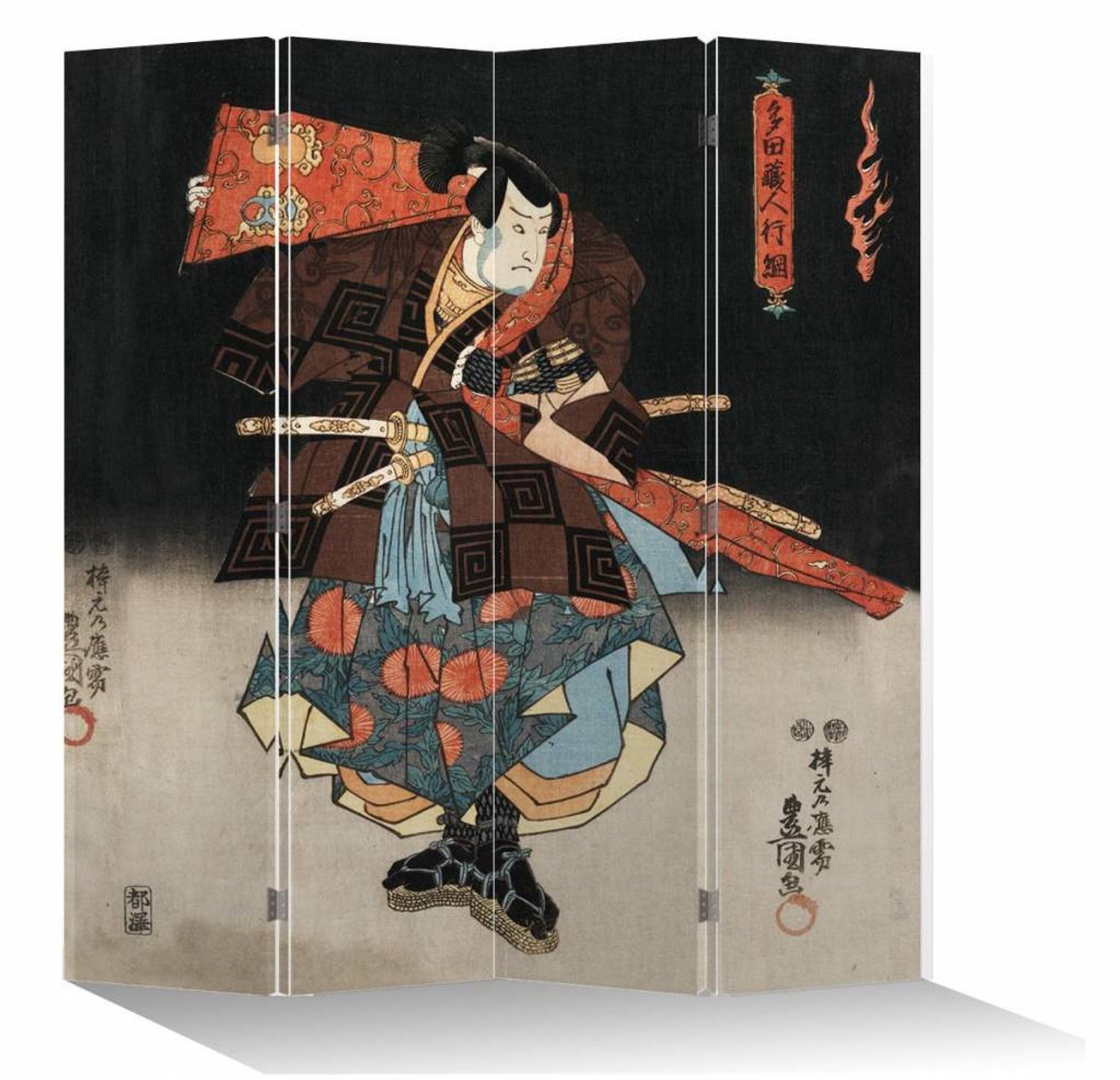 Fine Asianliving Japans Kamerscherm Oosters Scheidingswand B160xH180cm 4 Panelen Japanse Samurai Zwart, Multicolour