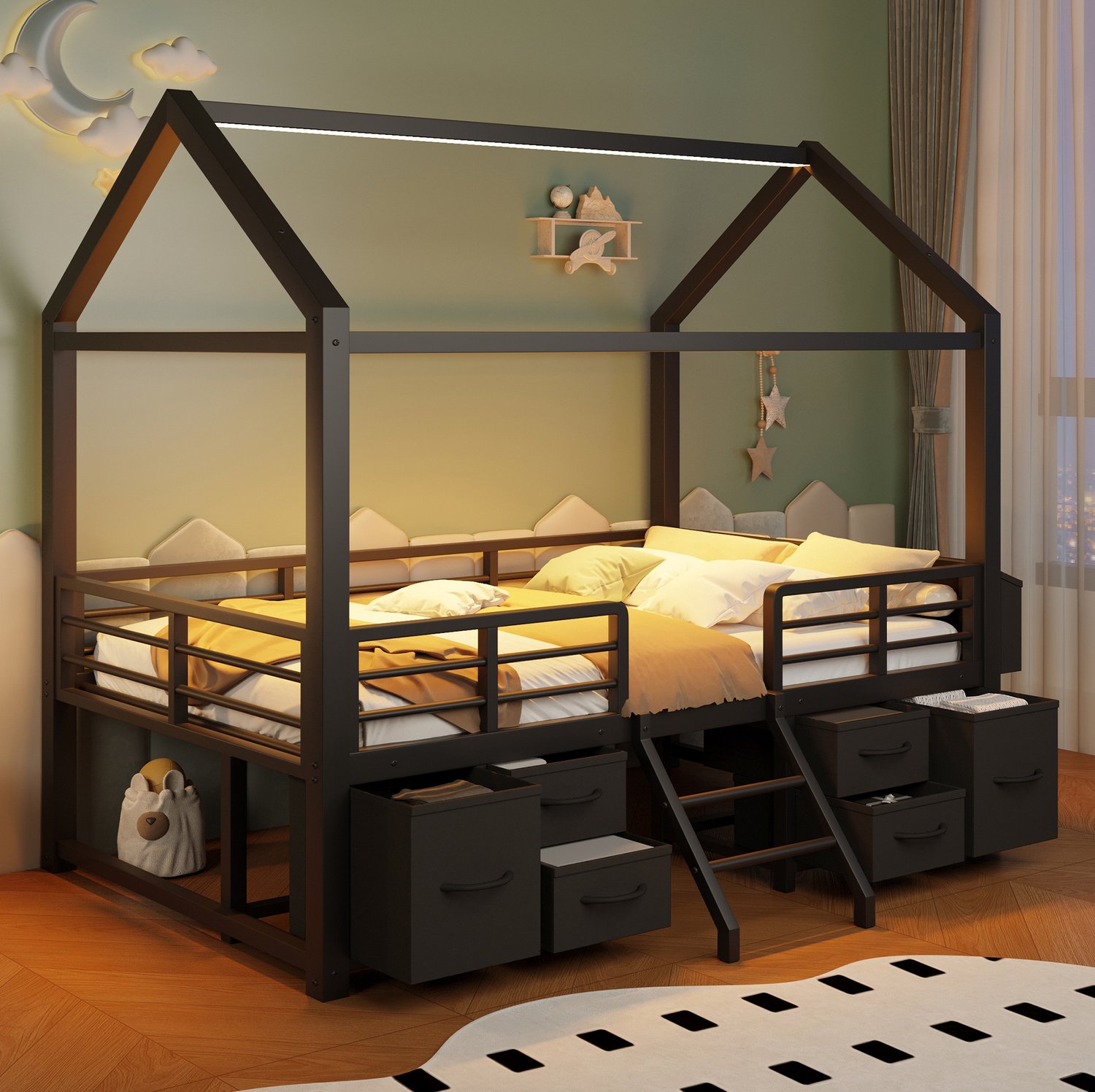 MIVRAY Hoogslaper 90x200 Cm - Kinderbed Met Huisdak En Ledverlichting - Met Stoffen Opberglades - Metaal En MDF - Zwart Zonder Matras