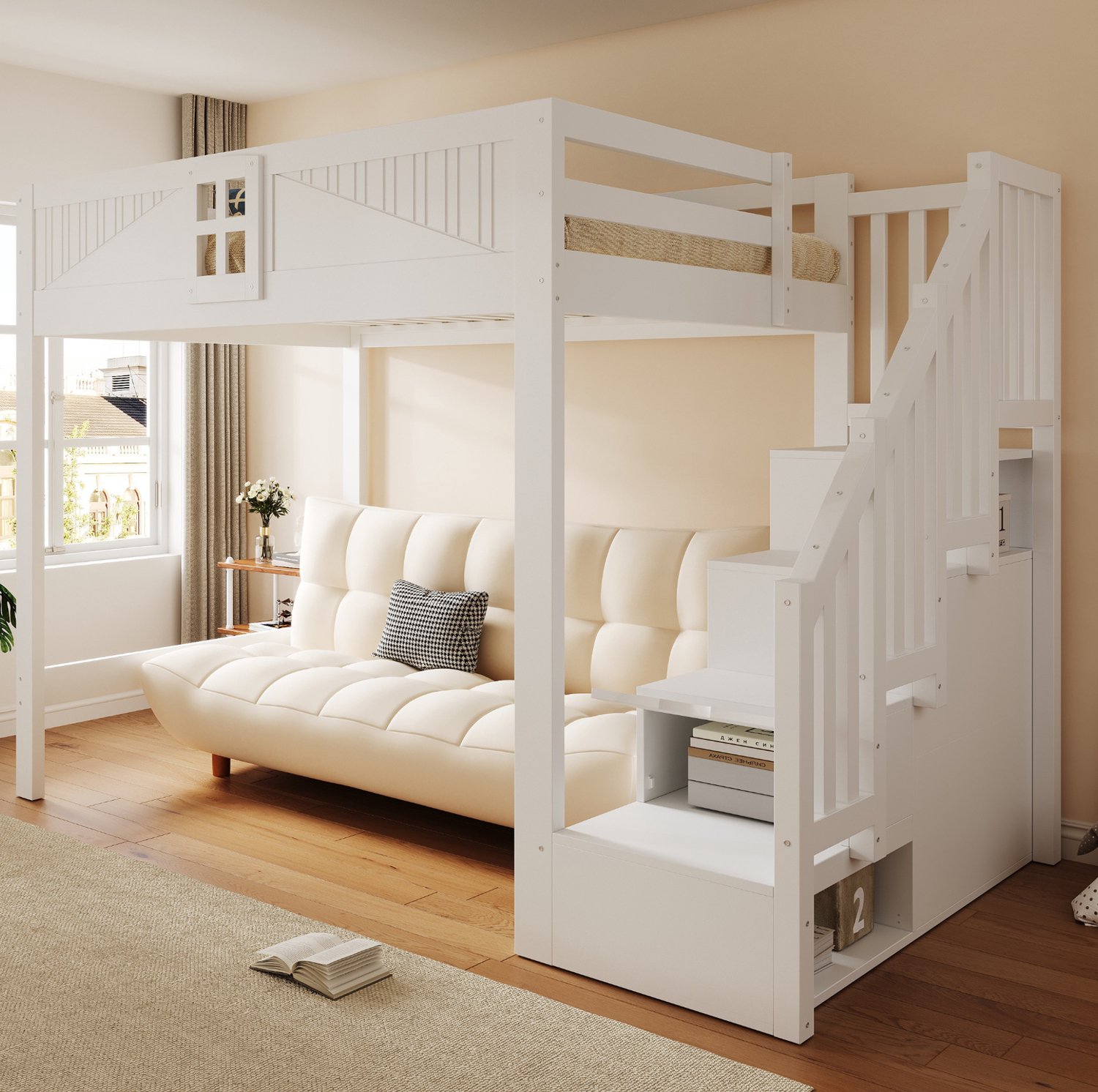 Wishdor Hoogslaper 140 x 200 cm - Veiligheidshek met raam - Opbergleider met leuningen links of rechts - Ruimte onder bed voor studie, spelen en ontspanning - Hout en MDF - Wit