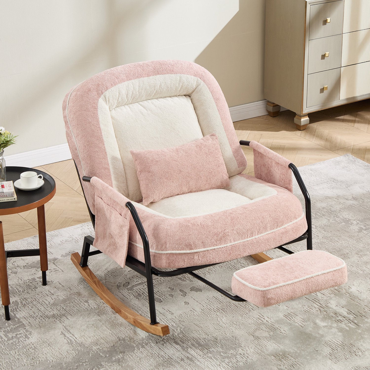 OKWISH Schommelstoel 80 Bij 87 Bij 95 Cm - Verstelbare Rugleuning Met Voetensteun - Voor Woonkamer Slaapkamer Of Balkon - Stof - Roze